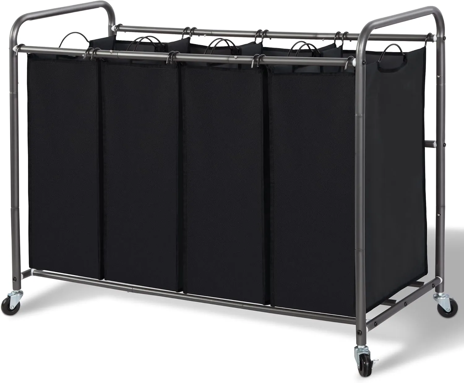 Laundry Sorter Hamper with Wheels, Heavy-Duty Laundry Sorter Rolling Cart, Lockable Wheels and Removable Bags, 4 Sections, Black