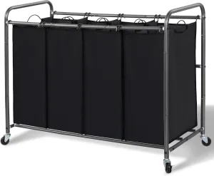 Laundry Sorter Hamper with Wheels, Heavy-Duty Laundry Sorter Rolling Cart, Lockable Wheels and Removable Bags, 4 Sections, Black