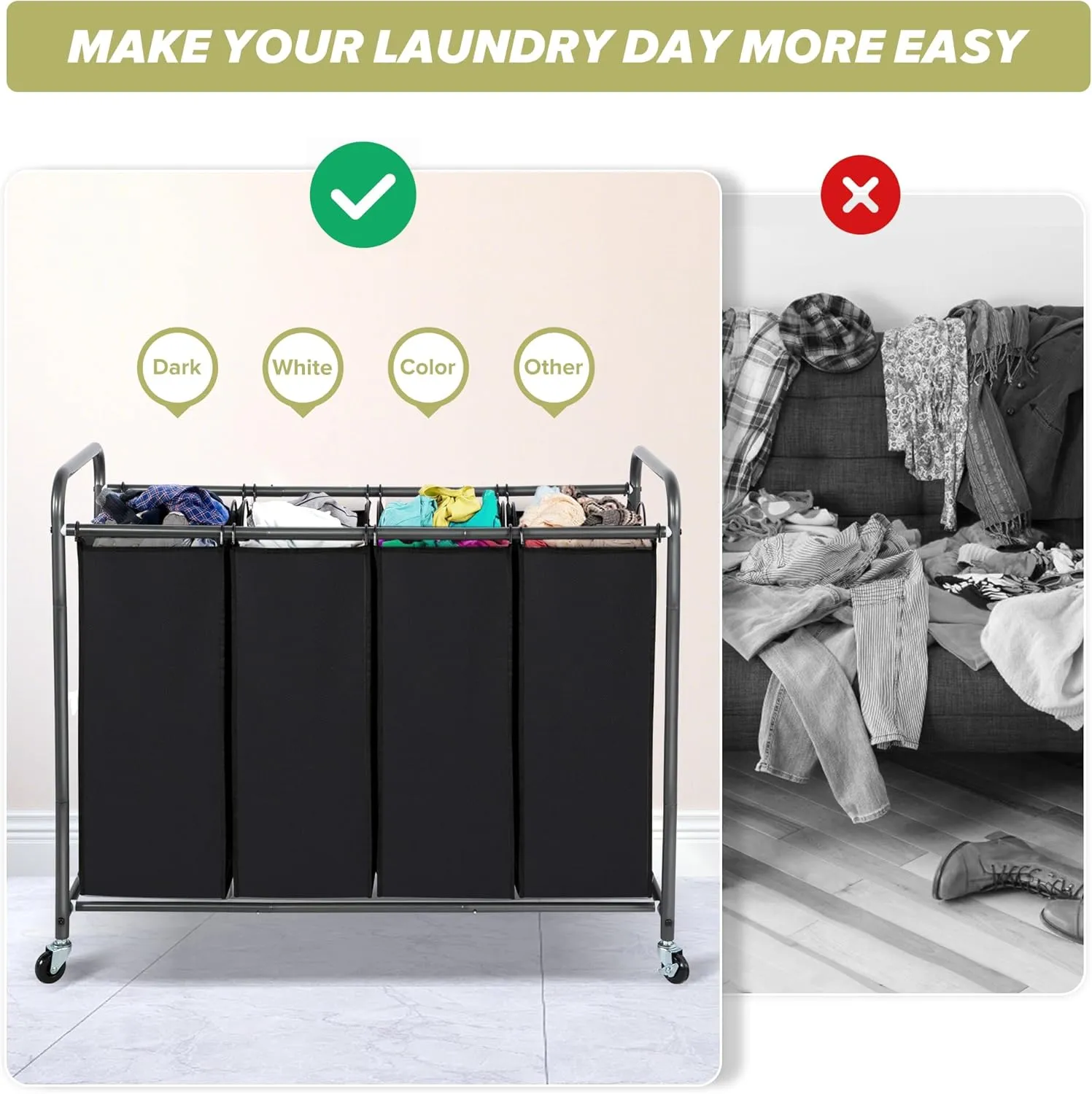 Laundry Sorter Hamper with Wheels, Heavy-Duty Laundry Sorter Rolling Cart, Lockable Wheels and Removable Bags, 4 Sections, Black