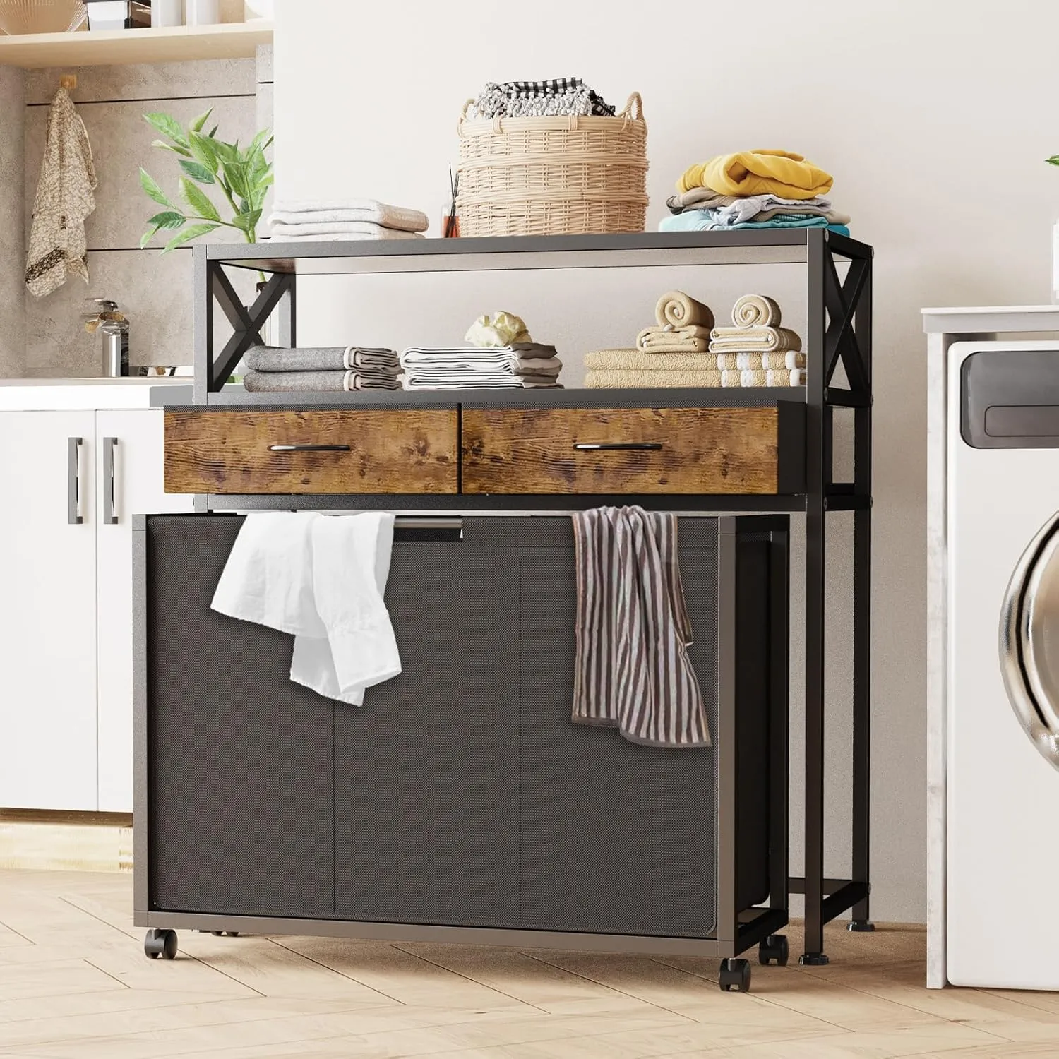 Laundry Sorter, Laundry Hamper with 3 Section Pull-Out Bags, Rolling Laundry Basket Organizer with Drawers and shelves, Large Laundry Cart with Wheels for Laundry Room Organization, Bathroom, Bedroom