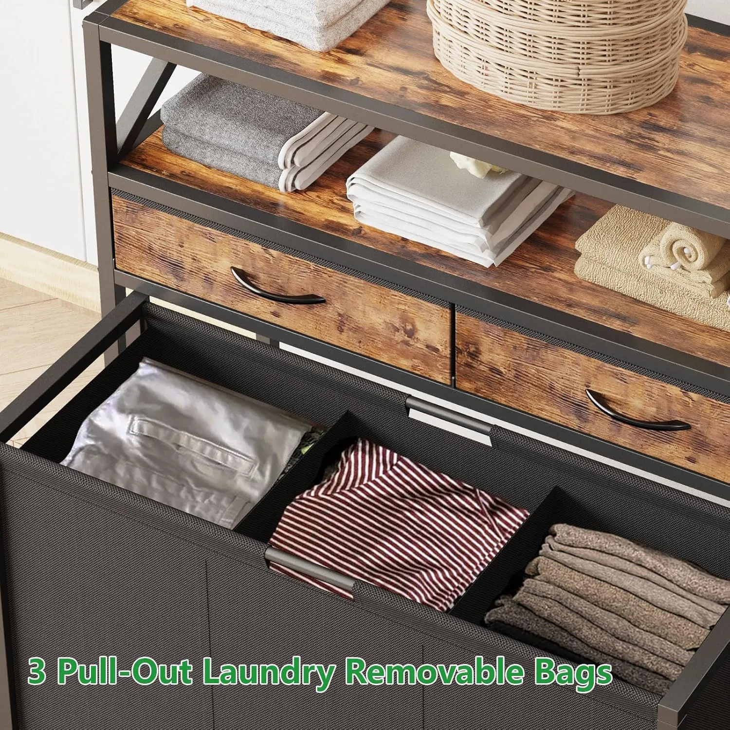 Laundry Sorter, Laundry Hamper with 3 Section Pull-Out Bags, Rolling Laundry Basket Organizer with Drawers and shelves, Large Laundry Cart with Wheels for Laundry Room Organization, Bathroom, Bedroom