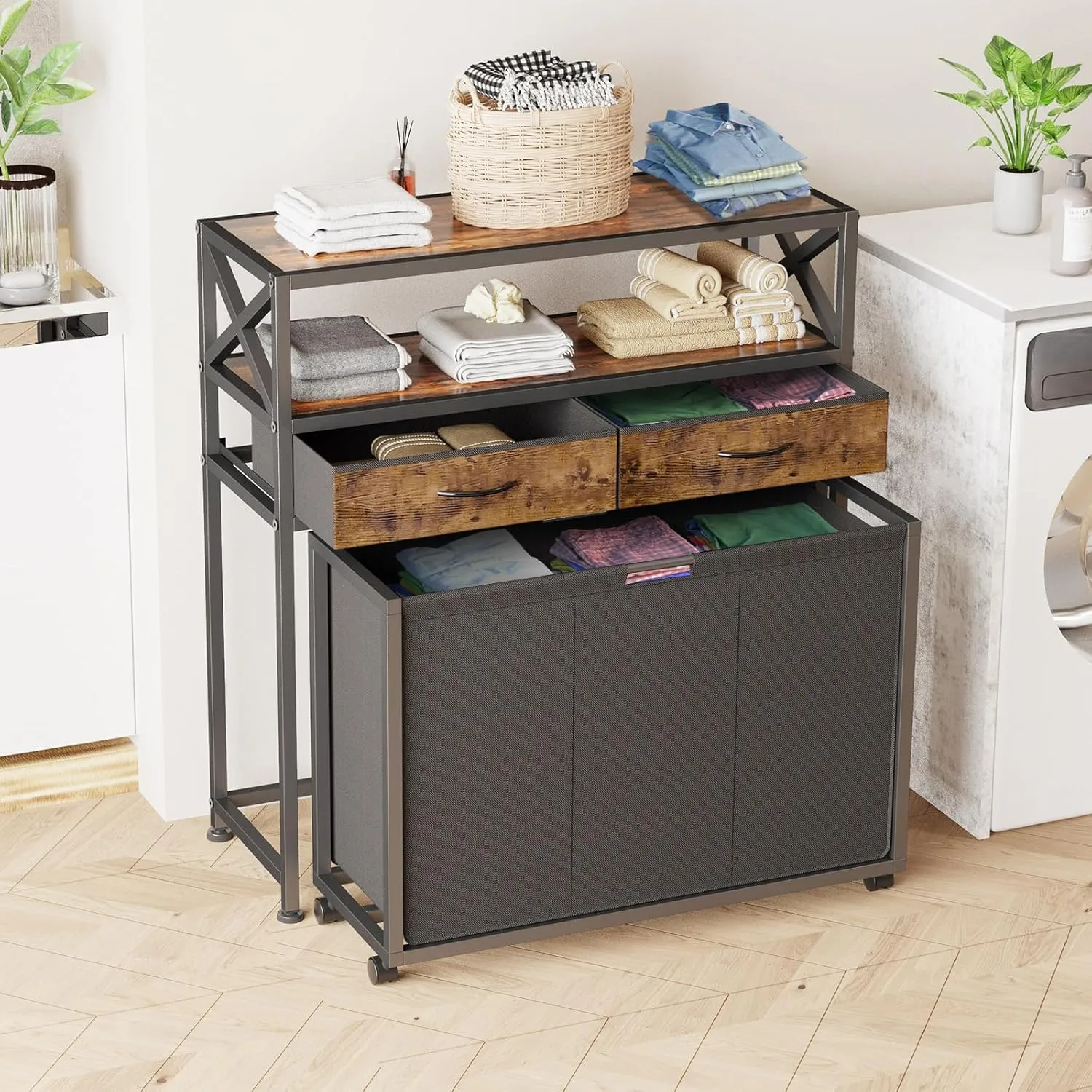 Laundry Sorter, Laundry Hamper with 3 Section Pull-Out Bags, Rolling Laundry Basket Organizer with Drawers and shelves, Large Laundry Cart with Wheels for Laundry Room Organization, Bathroom, Bedroom