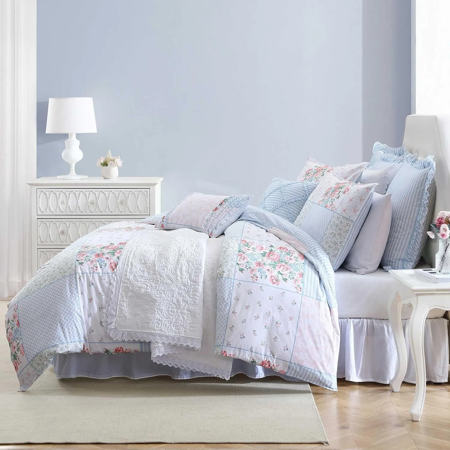 Laura Ashley - Comforter Set, Super Soft Bedding with Matching Shams, Includes Bonus Throw Pillow Covers, Chic Room Decor (Hope Patchwork Blue, Twin)