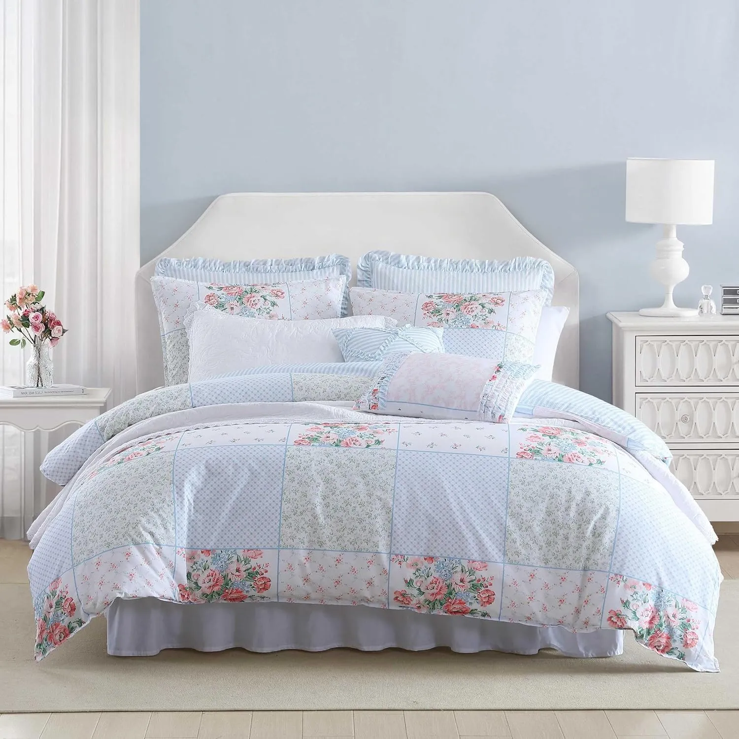 Laura Ashley - Comforter Set, Super Soft Bedding with Matching Shams, Includes Bonus Throw Pillow Covers, Chic Room Decor (Hope Patchwork Blue, Twin)