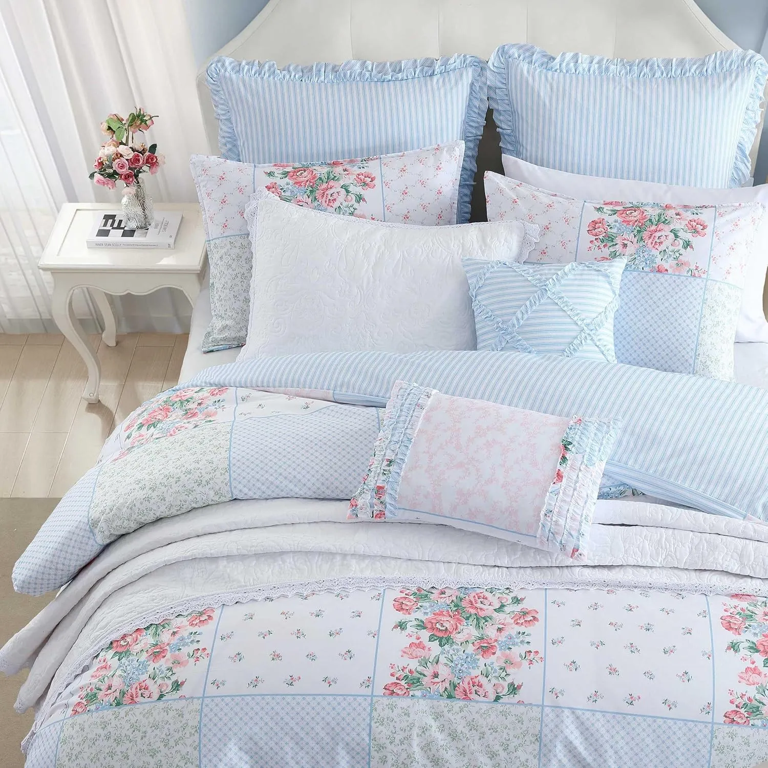 Laura Ashley - Comforter Set, Super Soft Bedding with Matching Shams, Includes Bonus Throw Pillow Covers, Chic Room Decor (Hope Patchwork Blue, Twin)