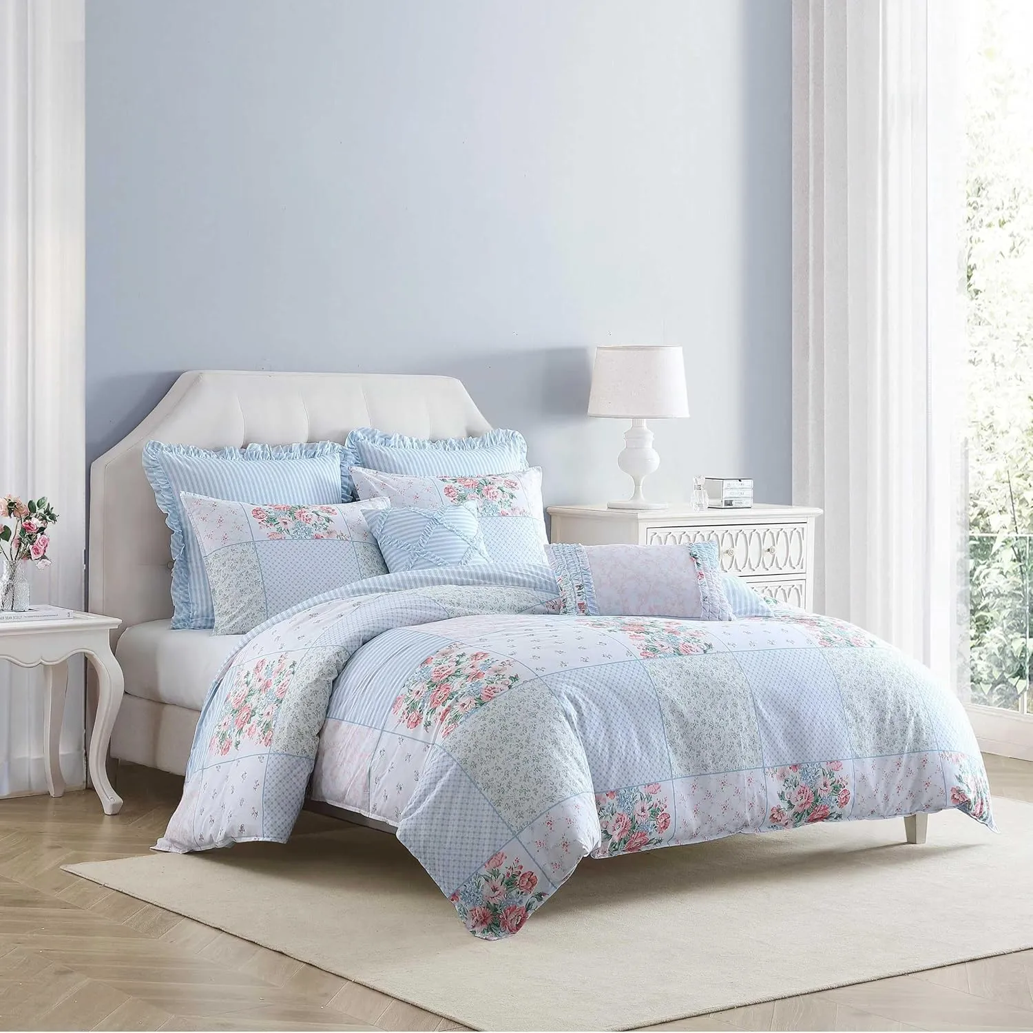 Laura Ashley - Comforter Set, Super Soft Bedding with Matching Shams, Includes Bonus Throw Pillow Covers, Chic Room Decor (Hope Patchwork Blue, Twin)