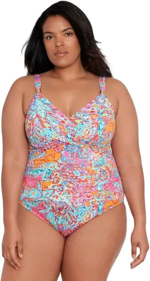 Lauren Ralph Lauren Women's Plus Size Amara Patchwork Twist Shirred One Piece Swimsuit Multi