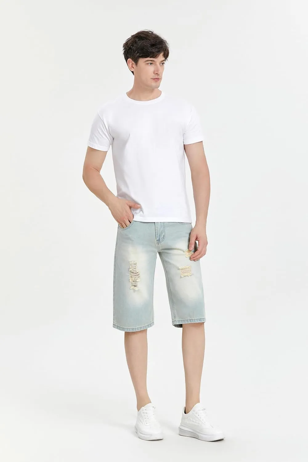 Lavnis Men's Casual Denim Shorts Classic Fit Distressed Summer Fashion Ripped Short Jeans