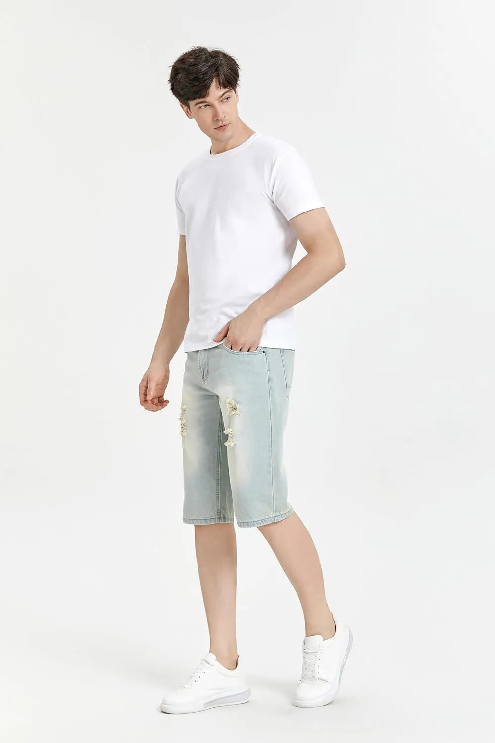 Lavnis Men's Casual Denim Shorts Classic Fit Distressed Summer Fashion Ripped Short Jeans