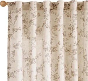Lazzzy Farmhouse Linen Curtains Taupe Floral Curtains 96 Inch Length Back Tab Drapes for Living Room Bedroom Light Filtering Country Vintage Rod Pocket Curtain, 2 Panels, Taupe on Beige