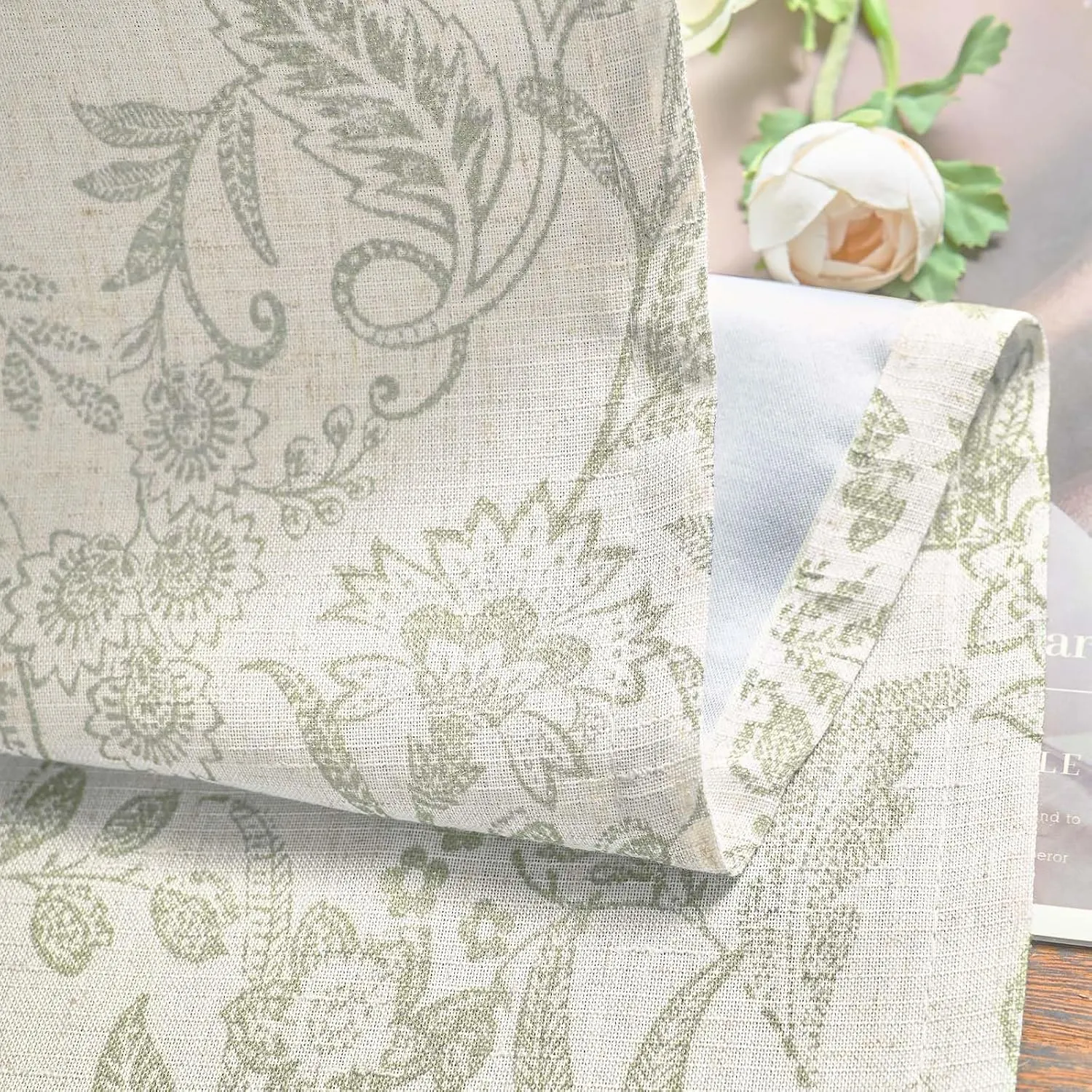 Lazzzy Linen Farmhouse Lined Curtains Green Floral 84 Inch Length Back Tab Drapes for Living Room Bedroom Flower Patterned Country Vintage 2 Panels Set Rod Pocket Green on Beige