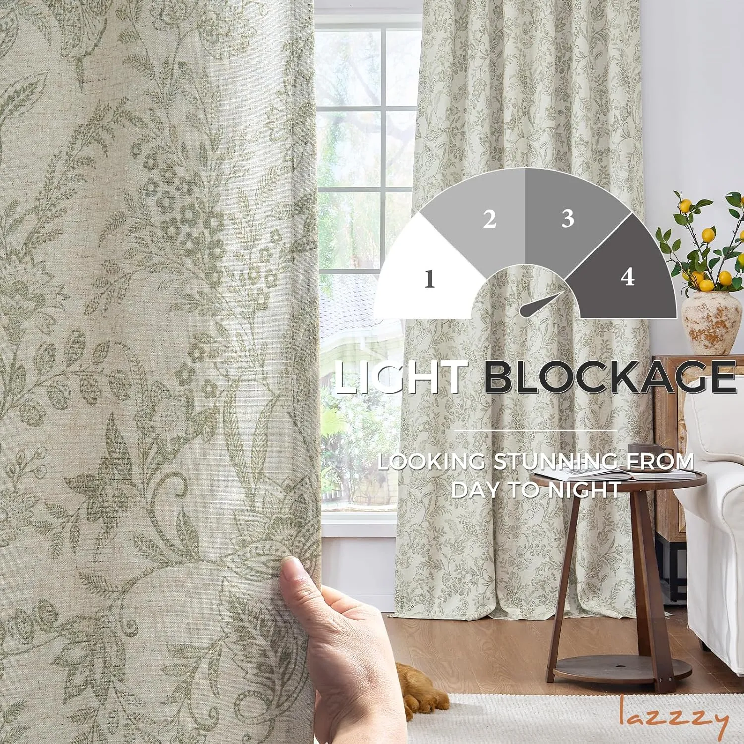 Lazzzy Linen Farmhouse Lined Curtains Green Floral 84 Inch Length Back Tab Drapes for Living Room Bedroom Flower Patterned Country Vintage 2 Panels Set Rod Pocket Green on Beige