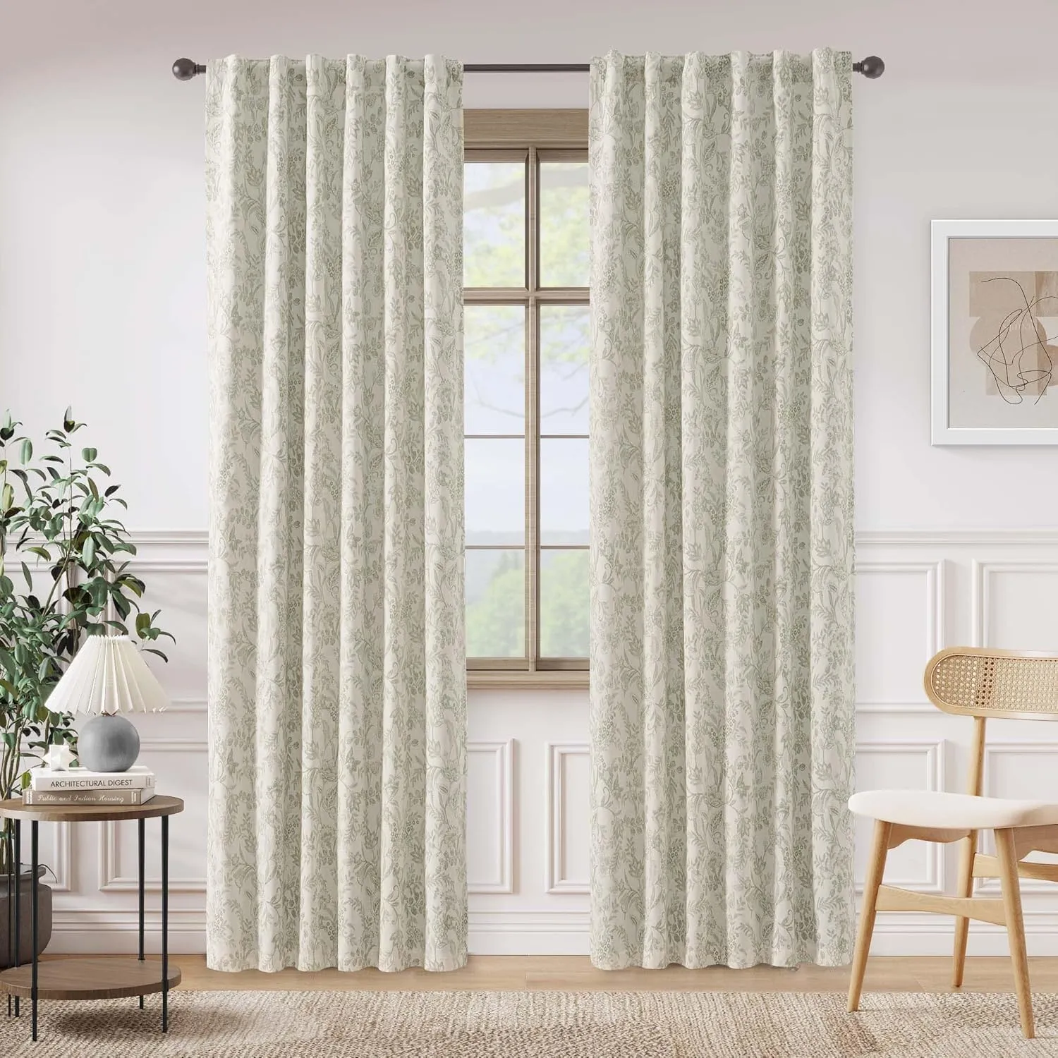 Lazzzy Linen Farmhouse Lined Curtains Green Floral 84 Inch Length Back Tab Drapes for Living Room Bedroom Flower Patterned Country Vintage 2 Panels Set Rod Pocket Green on Beige
