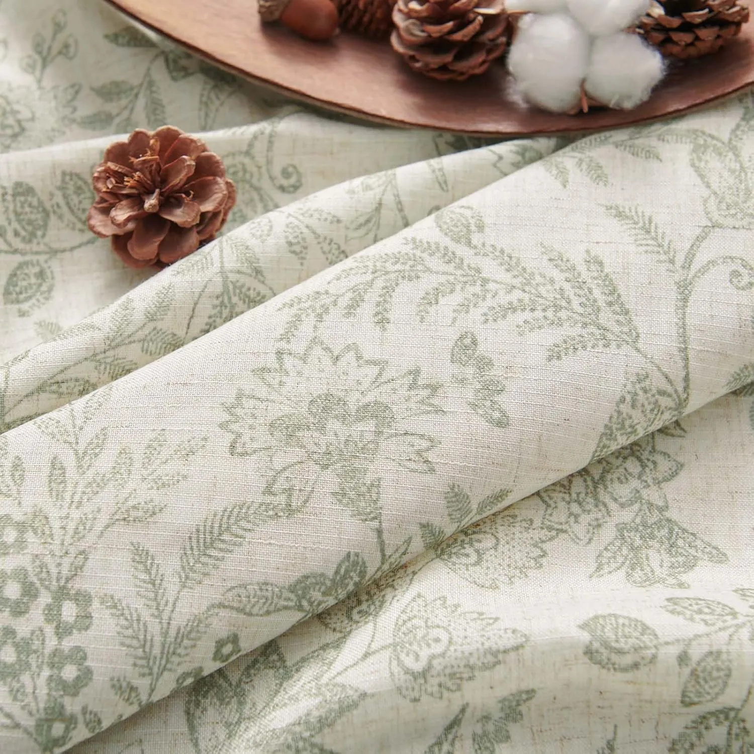 Lazzzy Linen Farmhouse Lined Curtains Green Floral 84 Inch Length Back Tab Drapes for Living Room Bedroom Flower Patterned Country Vintage 2 Panels Set Rod Pocket Green on Beige