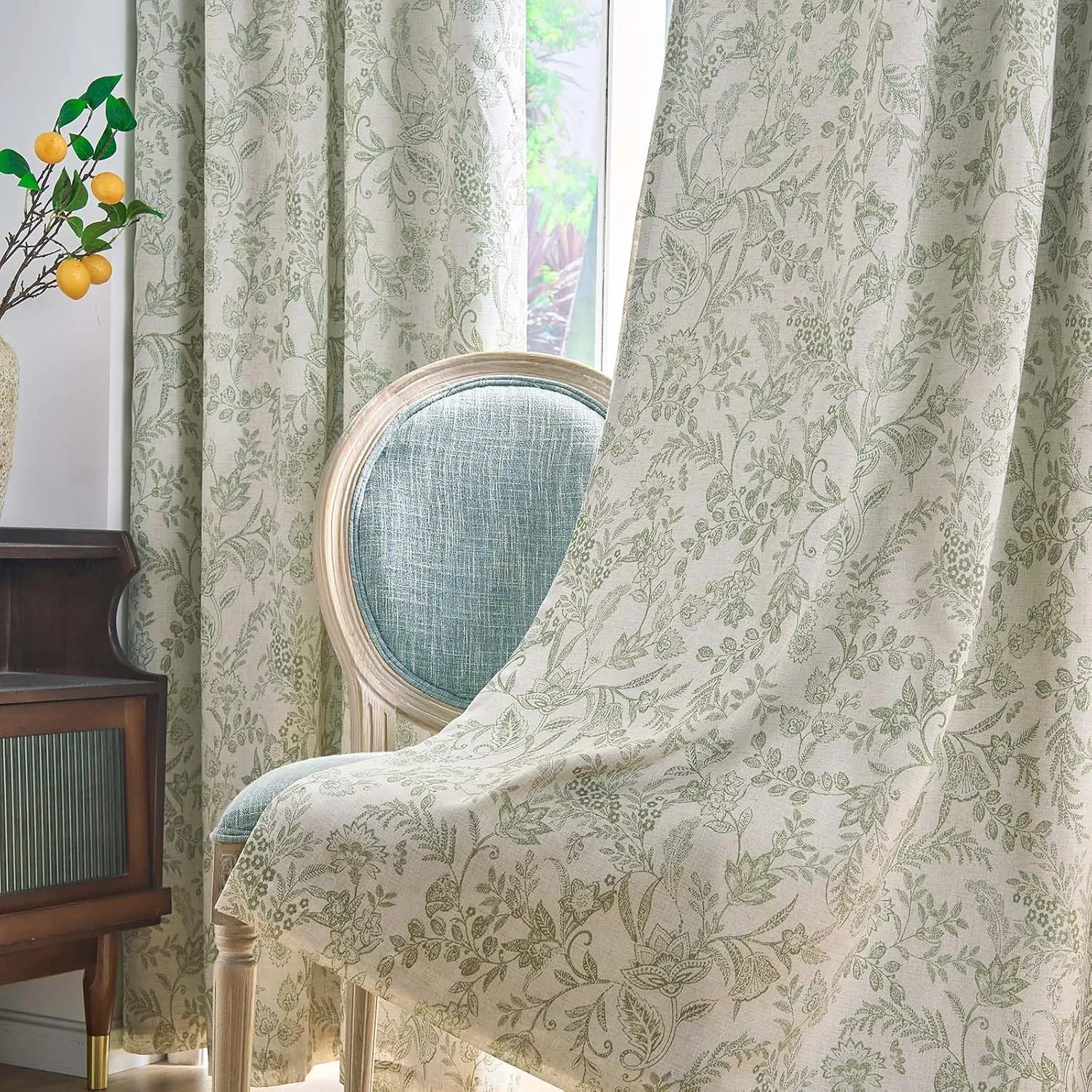 Lazzzy Linen Farmhouse Lined Curtains Green Floral 84 Inch Length Back Tab Drapes for Living Room Bedroom Flower Patterned Country Vintage 2 Panels Set Rod Pocket Green on Beige