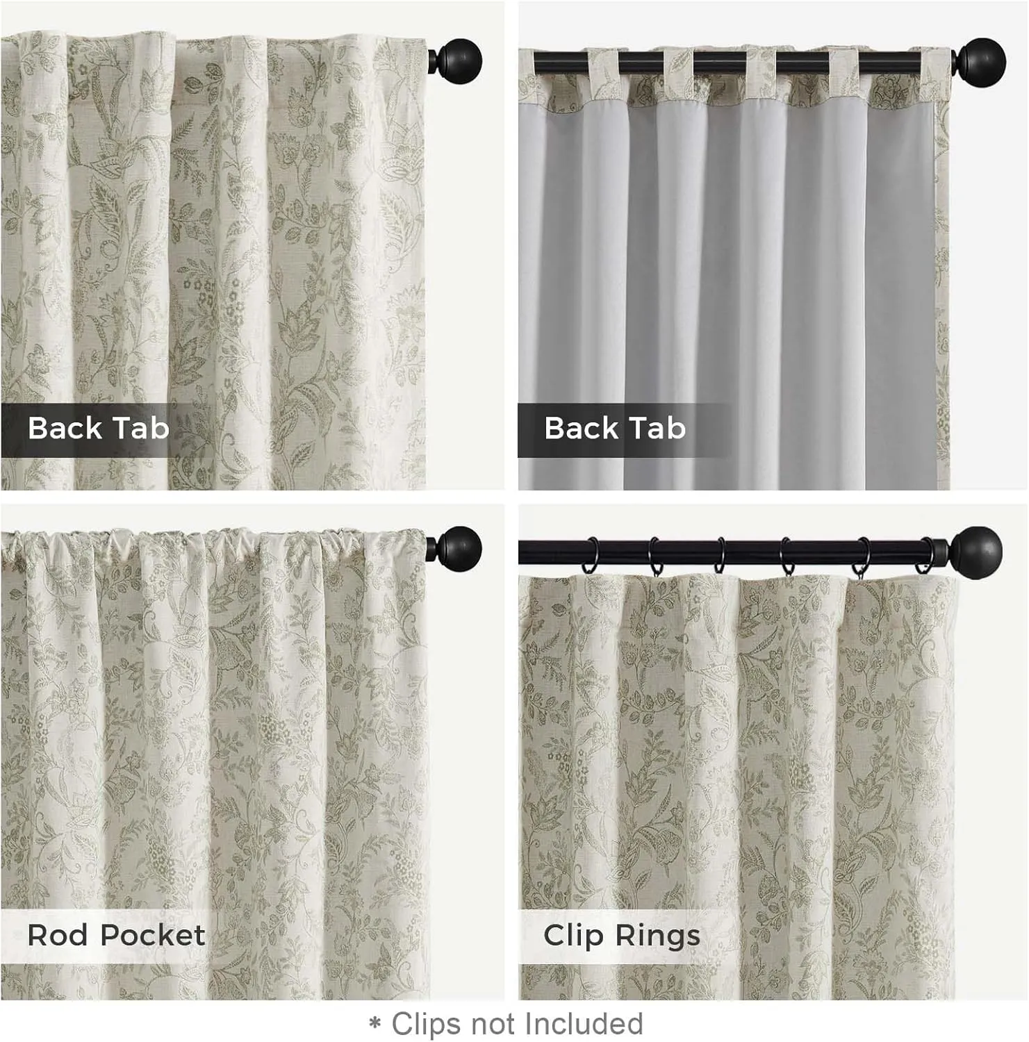 Lazzzy Linen Farmhouse Lined Curtains Green Floral 84 Inch Length Back Tab Drapes for Living Room Bedroom Flower Patterned Country Vintage 2 Panels Set Rod Pocket Green on Beige
