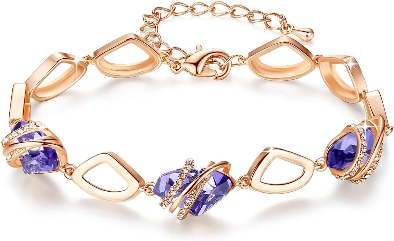 Leafael Wish Stone Link Charm Bracelet with Birthstone Crystals, Rose Gold Plated or Silver-tone, 7" 2"