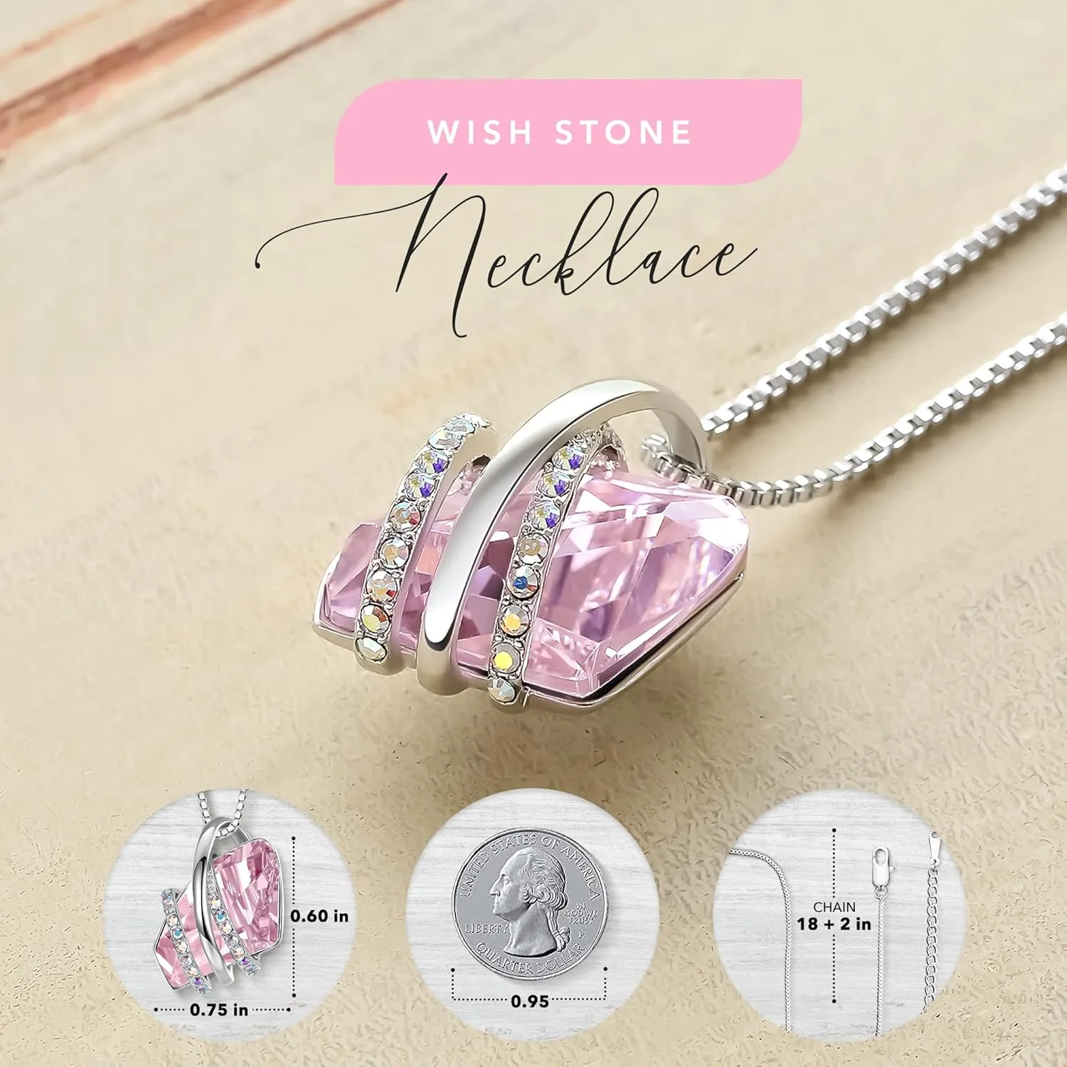 Leafael Wish Stone Pendant Necklace with Birthstone Crystal, 18K Rose Gold Plated/Silvertone, 18"   2"