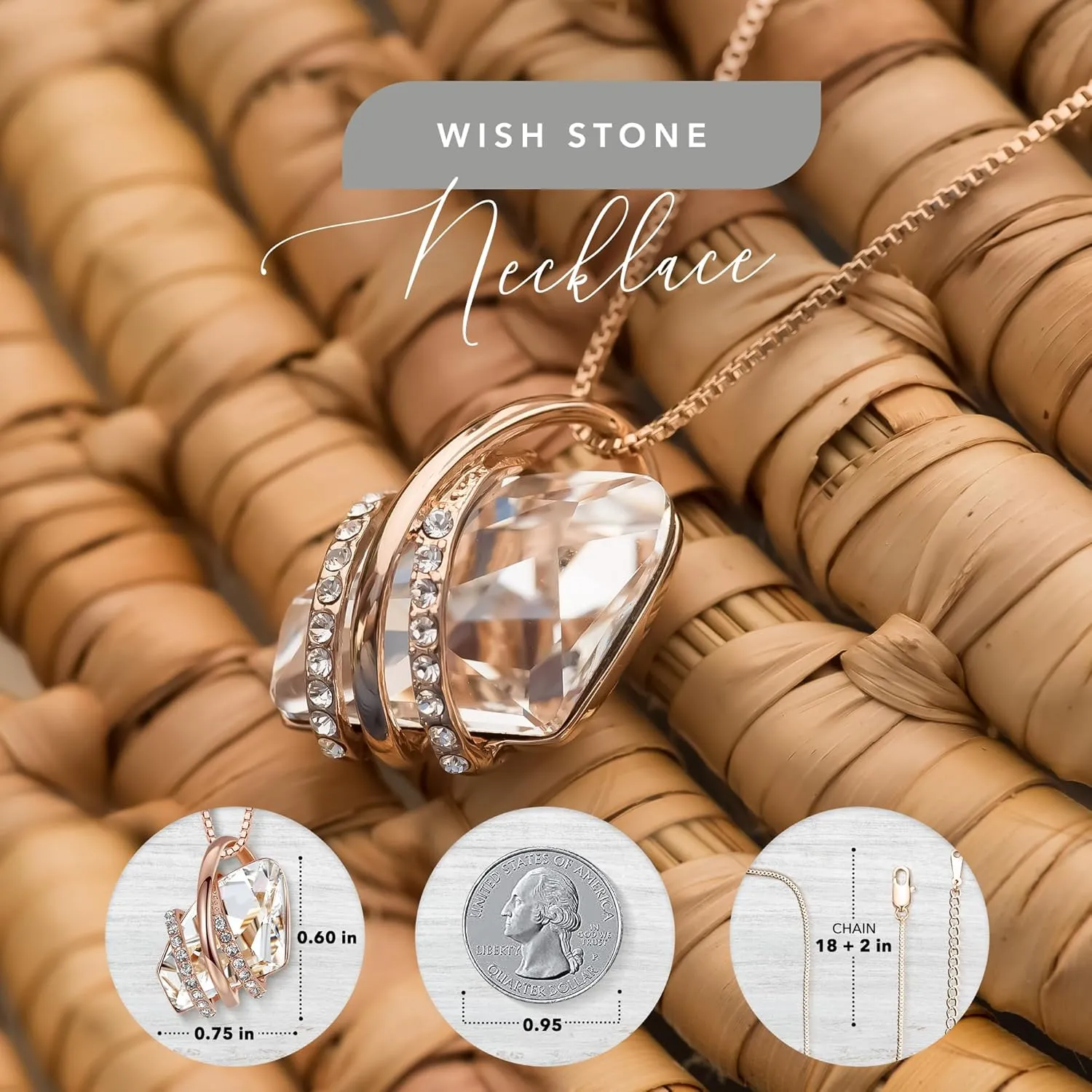 Leafael Wish Stone Pendant Necklace with Birthstone Crystal, 18K Rose Gold Plated/Silvertone, 18"   2"