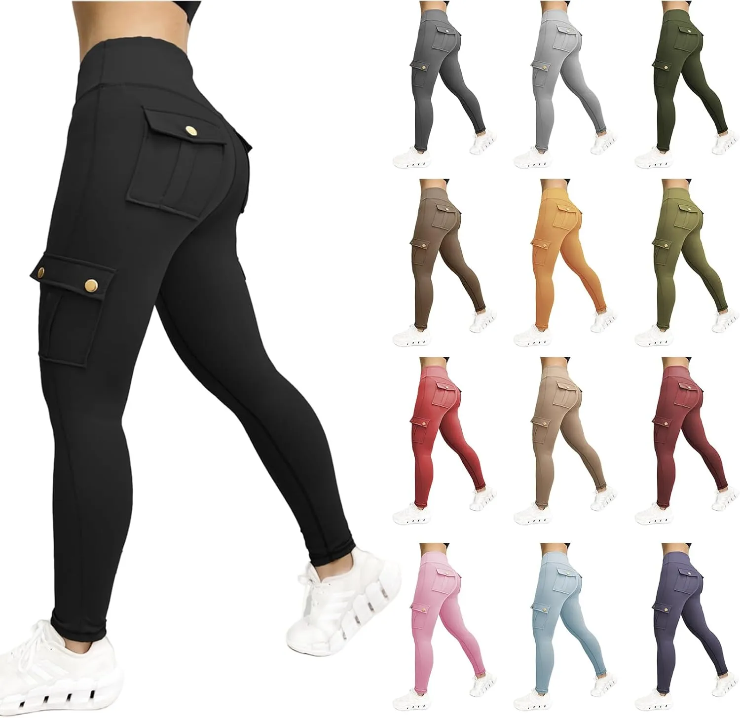 Leggings for Women Workout Cargo Pants Butt Lifting Leggings High Waist Tummy Control Yoga Legging with Flap Pockets