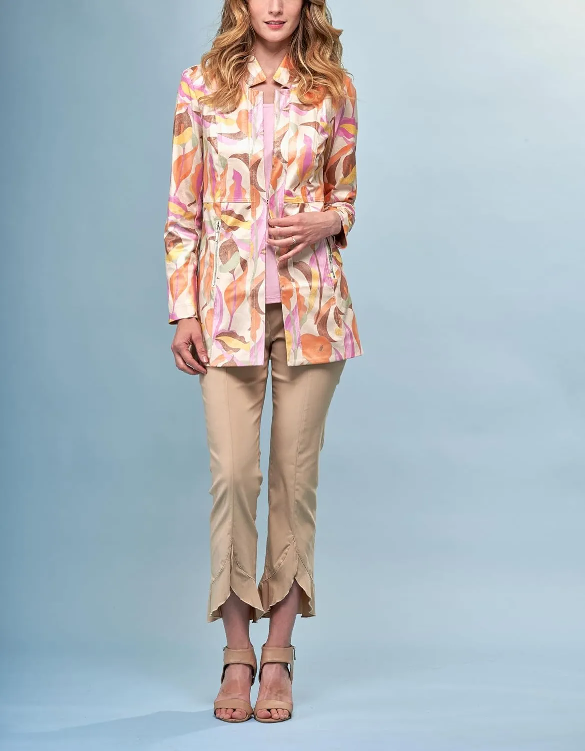 Lena Gabrielle Metallic Faux Leather Printed Long Jacket in Liquid Water Lily, BCJ17A81NZPR