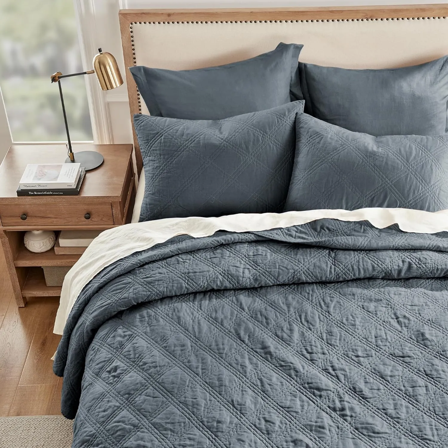 Levtex Home - 100% Linen Front/100% Cotton Back - Standard Quilted Sham - Washed Linen - Denim Blue - Sham Size (26 x 20in.)