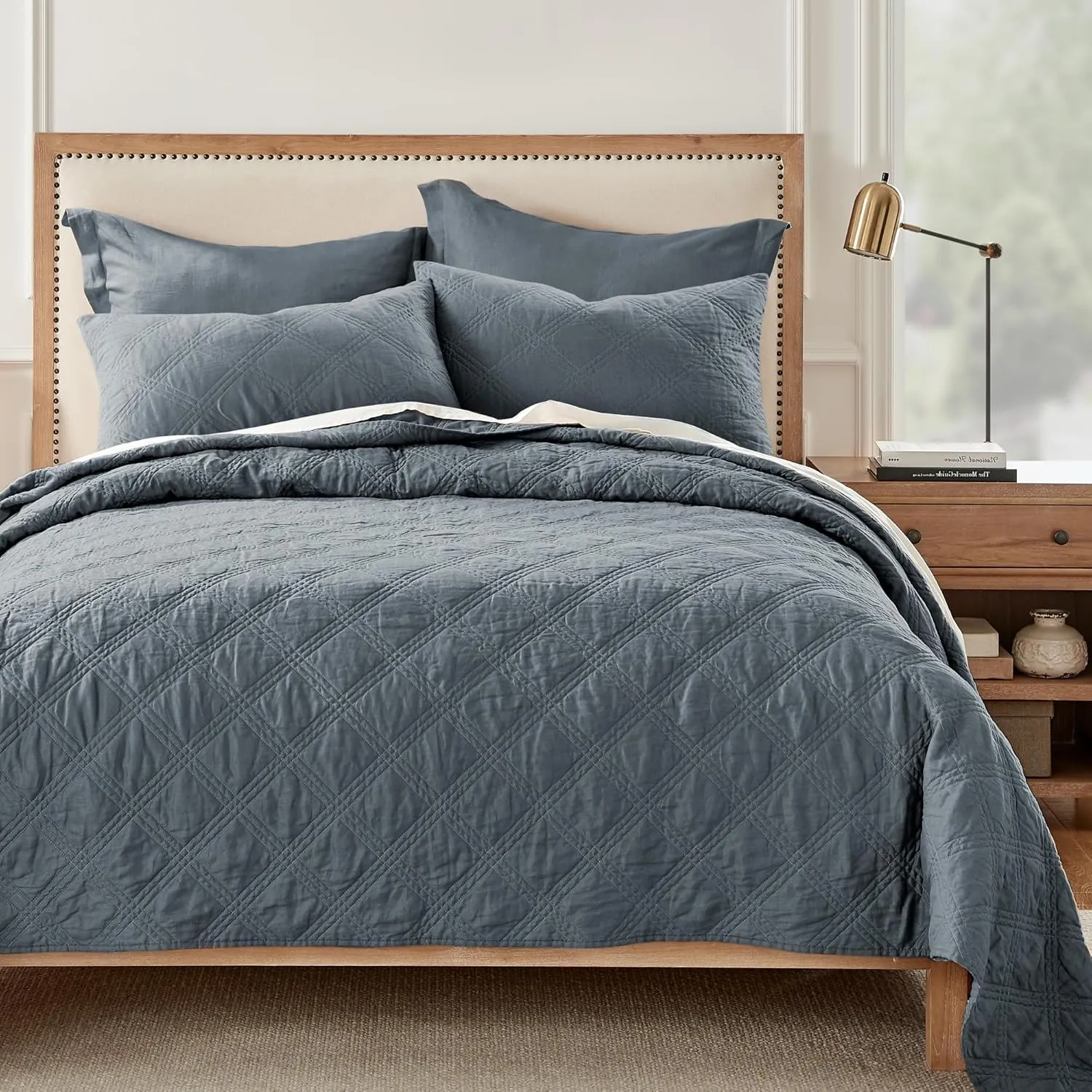 Levtex Home - 100% Linen Front/100% Cotton Back - Standard Quilted Sham - Washed Linen - Denim Blue - Sham Size (26 x 20in.)