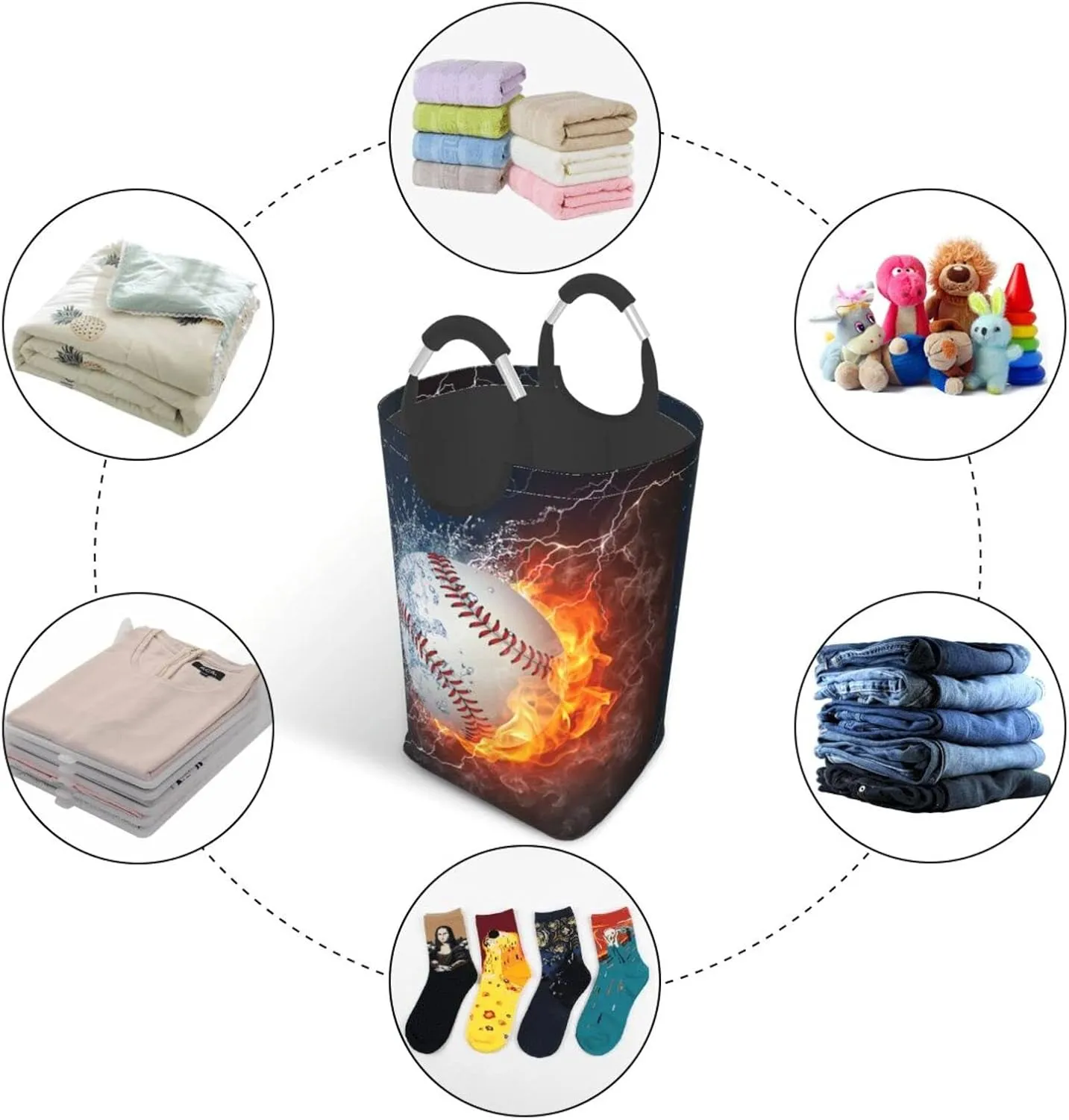 LIBIFALL Baseball In Fire And Water Laundry Basket Sport 50L Large Collapsible Laundry Hamper Bag Clothes Hampers with Handles Storage For Dorm Family