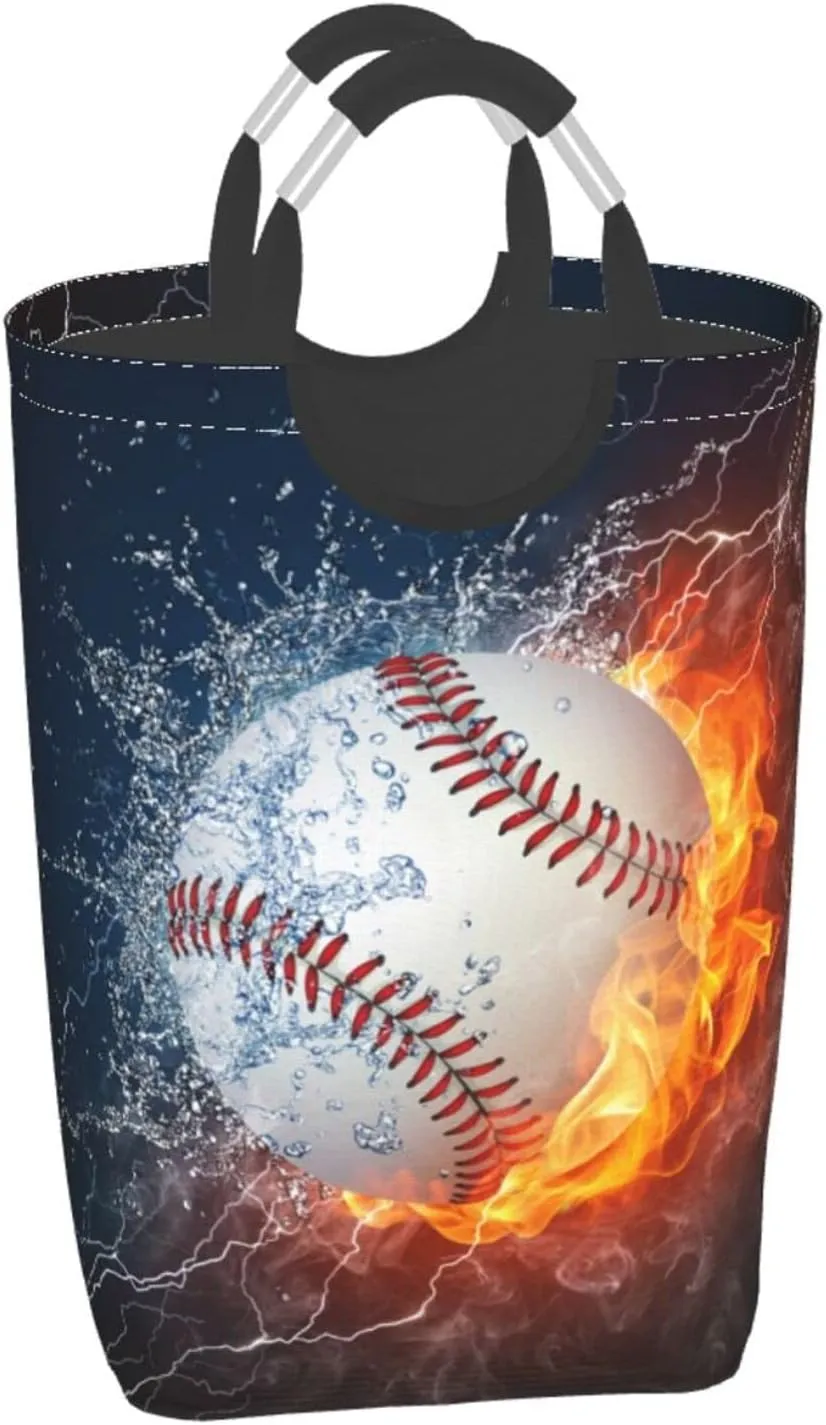 LIBIFALL Baseball In Fire And Water Laundry Basket Sport 50L Large Collapsible Laundry Hamper Bag Clothes Hampers with Handles Storage For Dorm Family