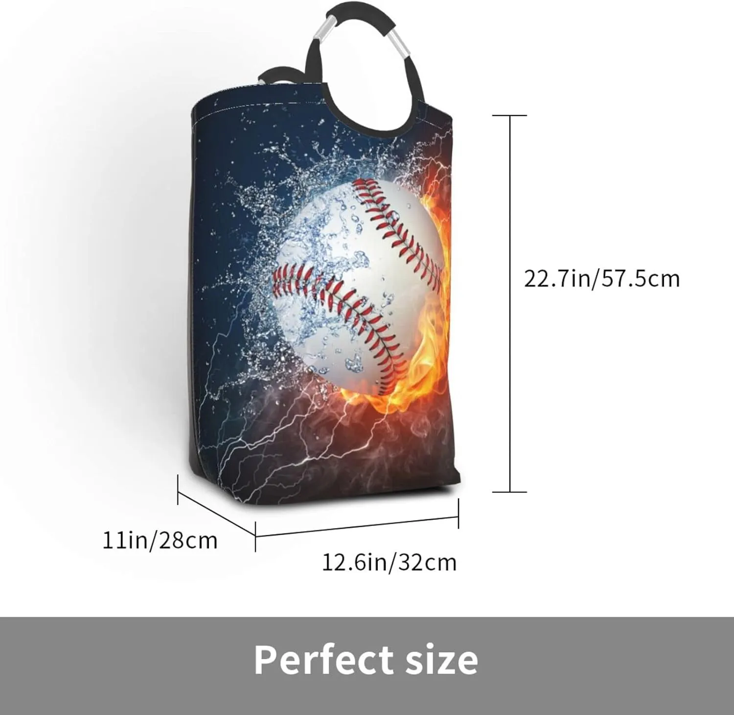 LIBIFALL Baseball In Fire And Water Laundry Basket Sport 50L Large Collapsible Laundry Hamper Bag Clothes Hampers with Handles Storage For Dorm Family