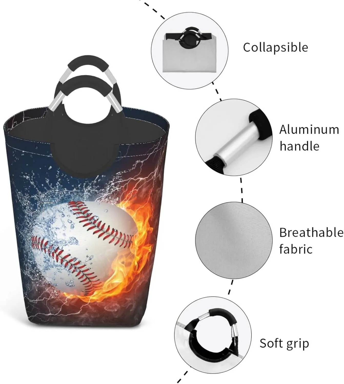 LIBIFALL Baseball In Fire And Water Laundry Basket Sport 50L Large Collapsible Laundry Hamper Bag Clothes Hampers with Handles Storage For Dorm Family
