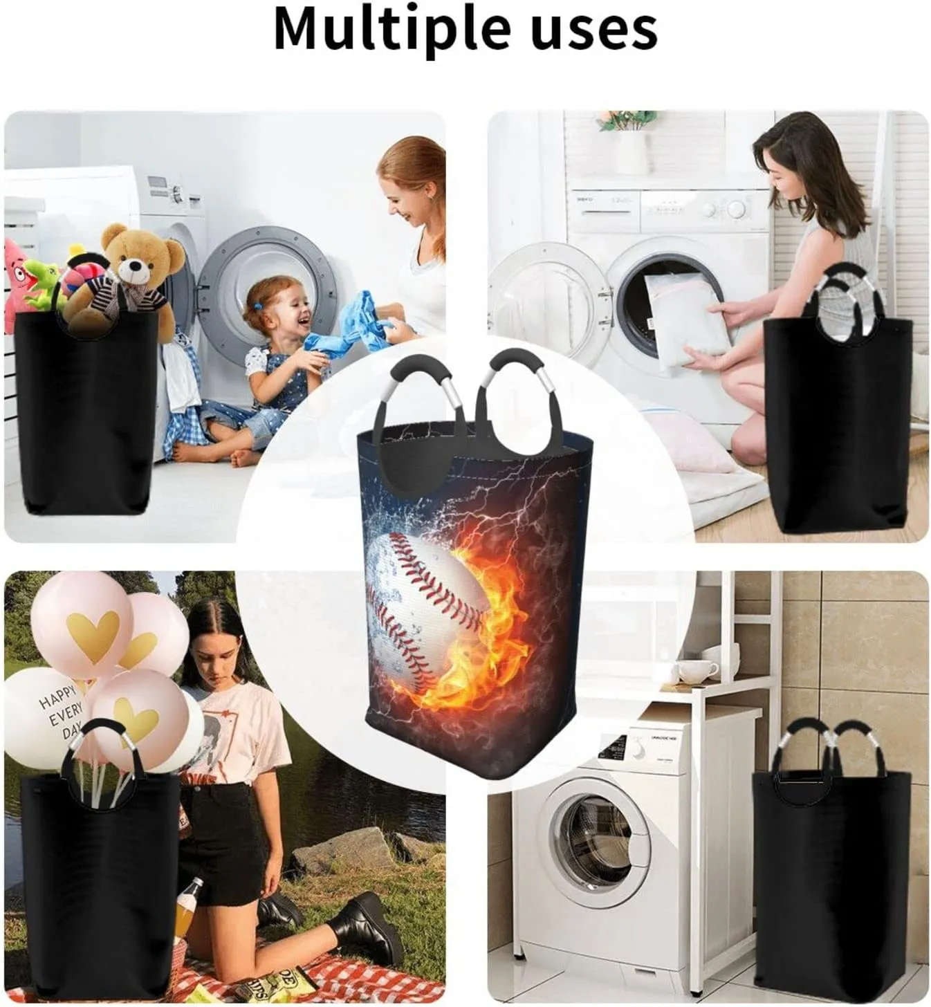 LIBIFALL Baseball In Fire And Water Laundry Basket Sport 50L Large Collapsible Laundry Hamper Bag Clothes Hampers with Handles Storage For Dorm Family