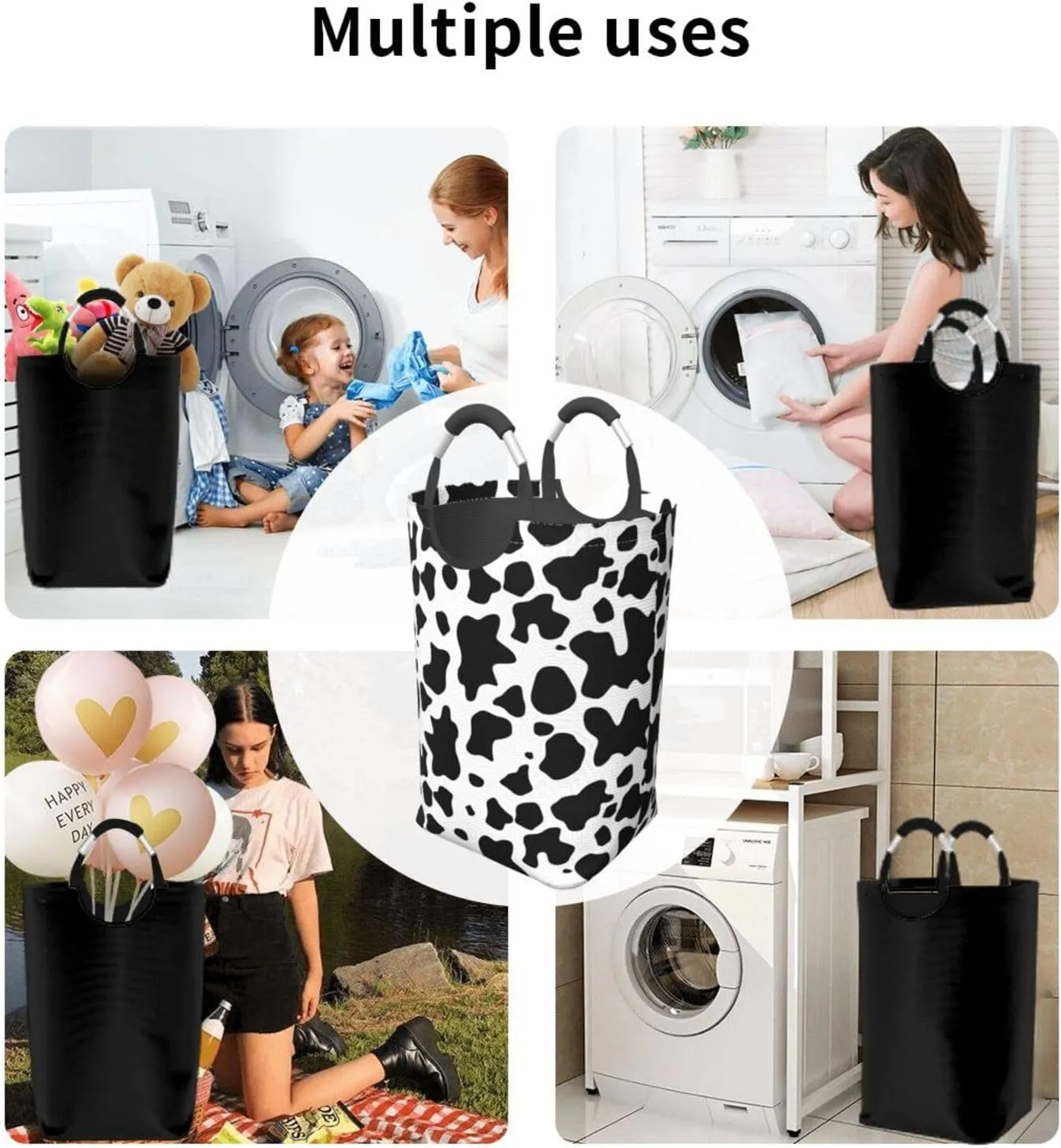 LIBIFALL Cute Cow Print Large Laundry Basket Animal Skin Laundry Hamper Bag Collapsible Laundry Baskets Clothes Hamper with Handles Black and White Storage Baskets For Dorm,Family,50L