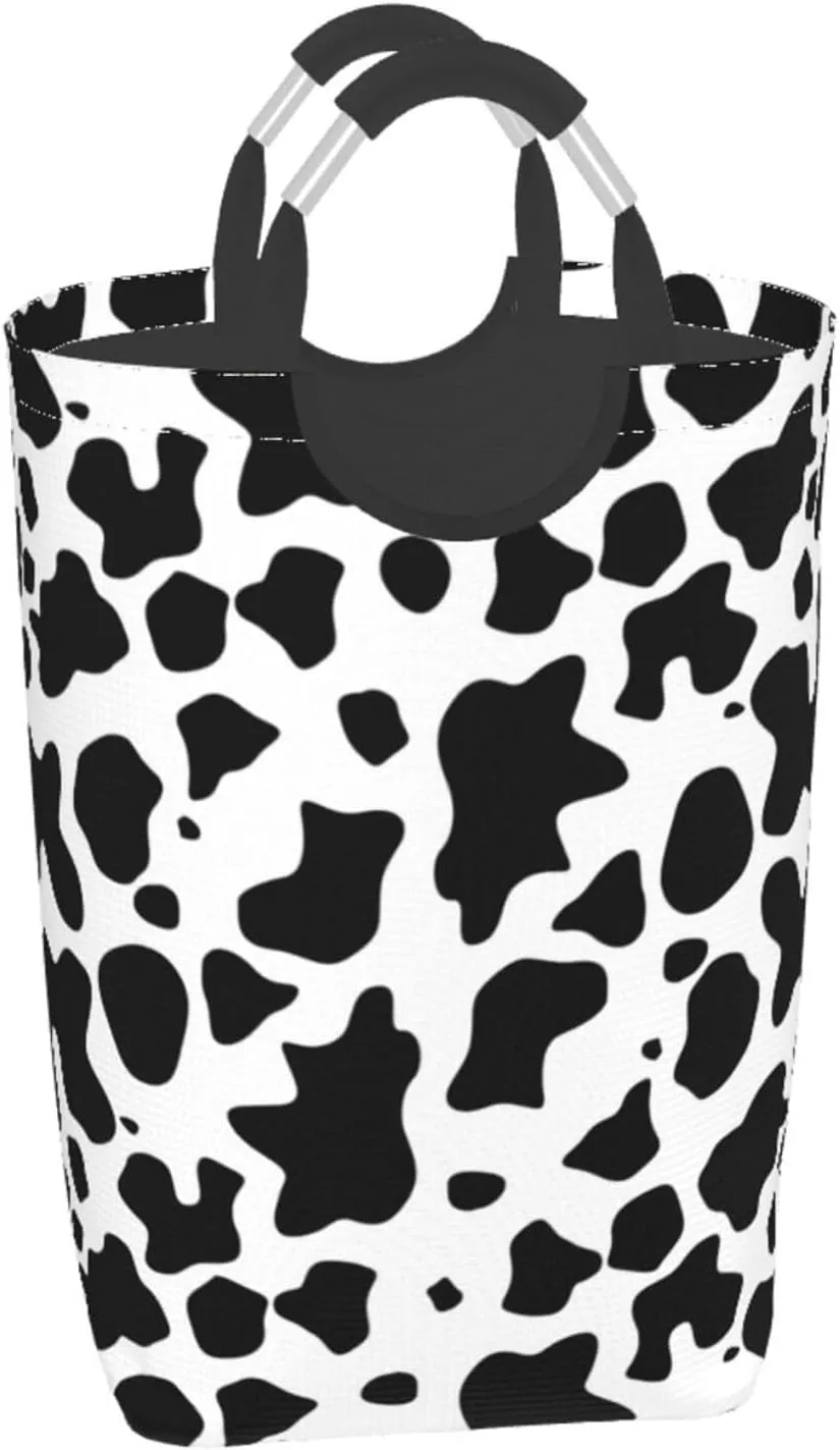 LIBIFALL Cute Cow Print Large Laundry Basket Animal Skin Laundry Hamper Bag Collapsible Laundry Baskets Clothes Hamper with Handles Black and White Storage Baskets For Dorm,Family,50L