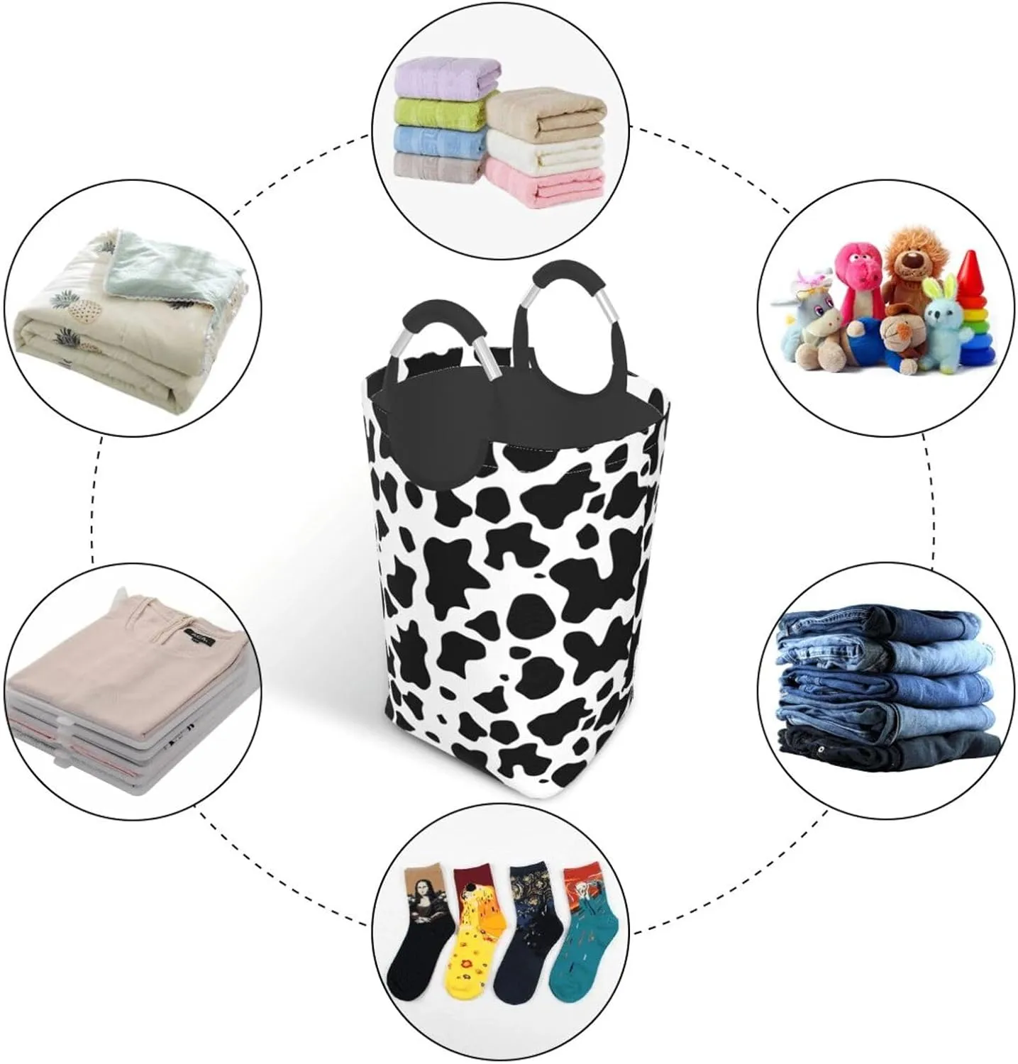 LIBIFALL Cute Cow Print Large Laundry Basket Animal Skin Laundry Hamper Bag Collapsible Laundry Baskets Clothes Hamper with Handles Black and White Storage Baskets For Dorm,Family,50L