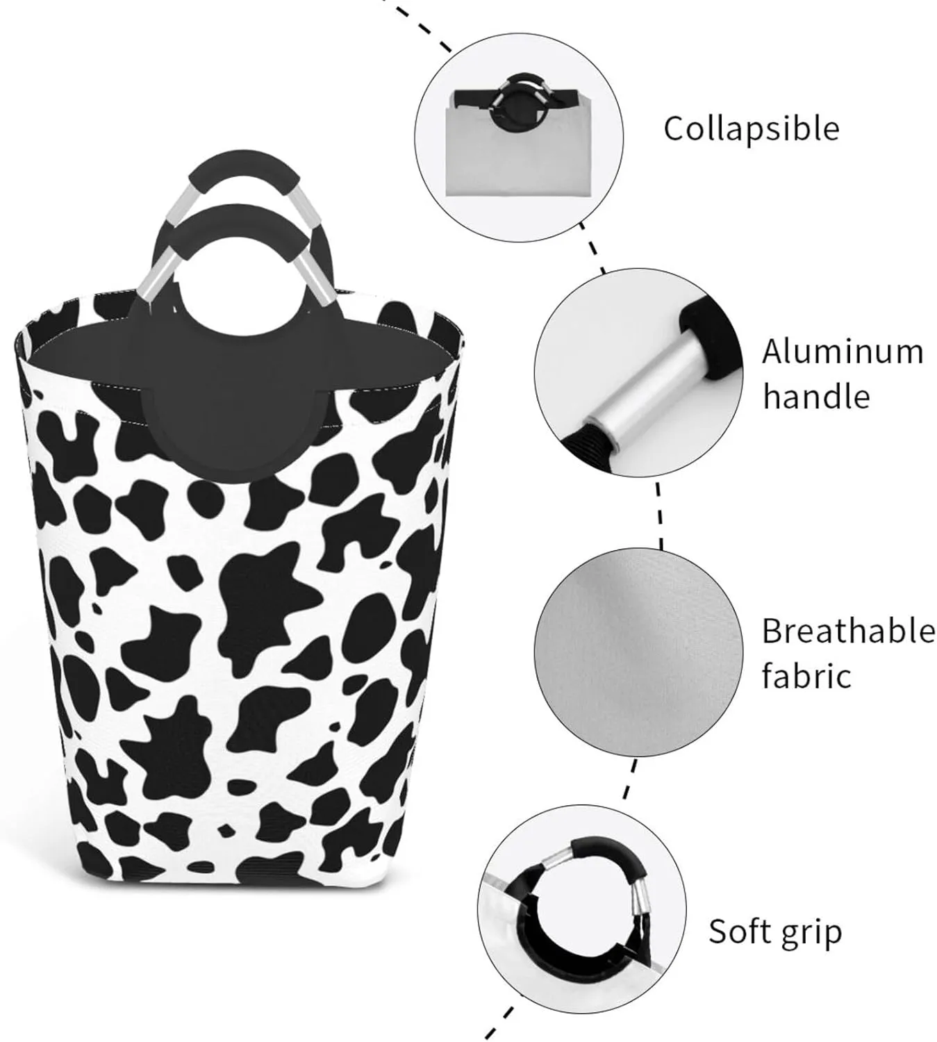 LIBIFALL Cute Cow Print Large Laundry Basket Animal Skin Laundry Hamper Bag Collapsible Laundry Baskets Clothes Hamper with Handles Black and White Storage Baskets For Dorm,Family,50L