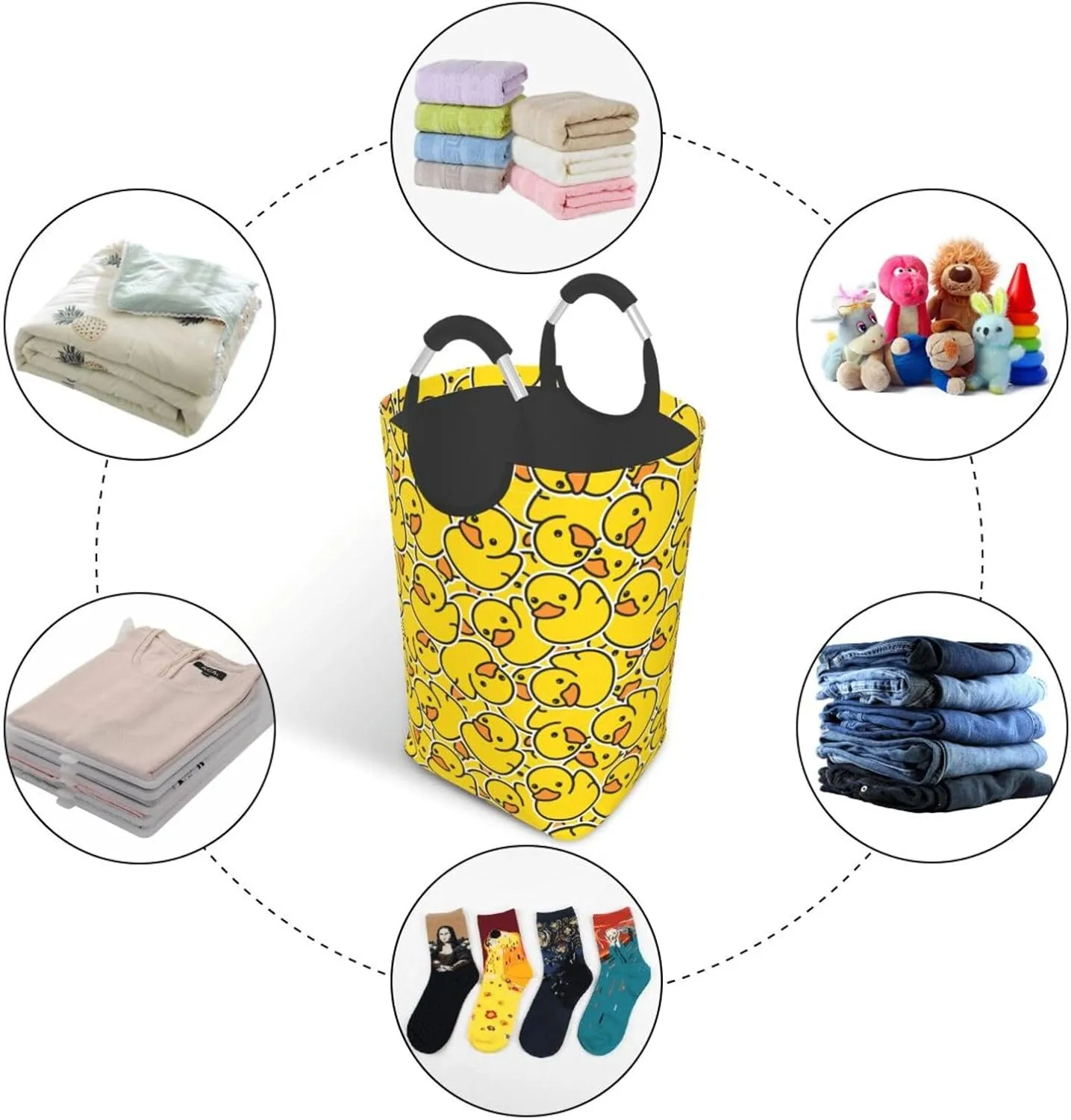 LIBIFALL Cute Rubber Ducky Laundry Basket Yellow Duck 50L Large Collapsible Laundry Hamper Bag Ducks Clothes Hampers with Handles Storage For Dorm Family