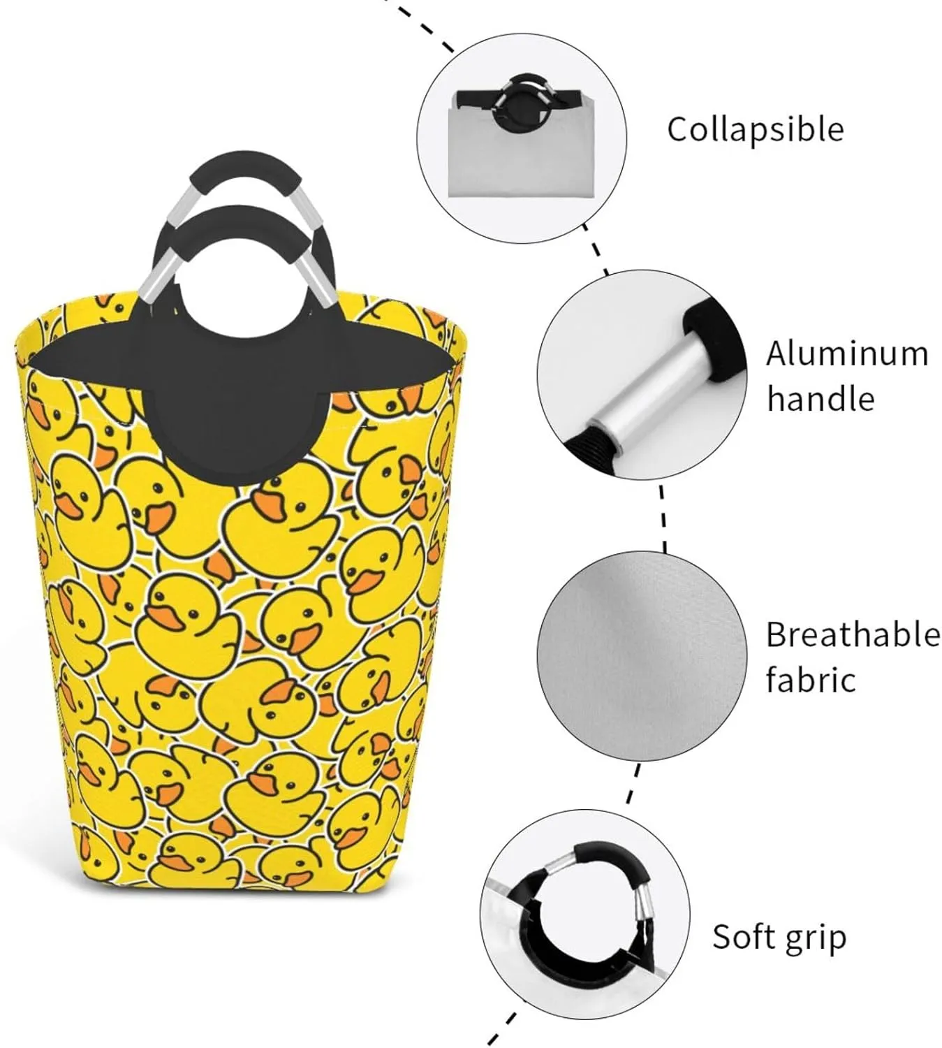LIBIFALL Cute Rubber Ducky Laundry Basket Yellow Duck 50L Large Collapsible Laundry Hamper Bag Ducks Clothes Hampers with Handles Storage For Dorm Family