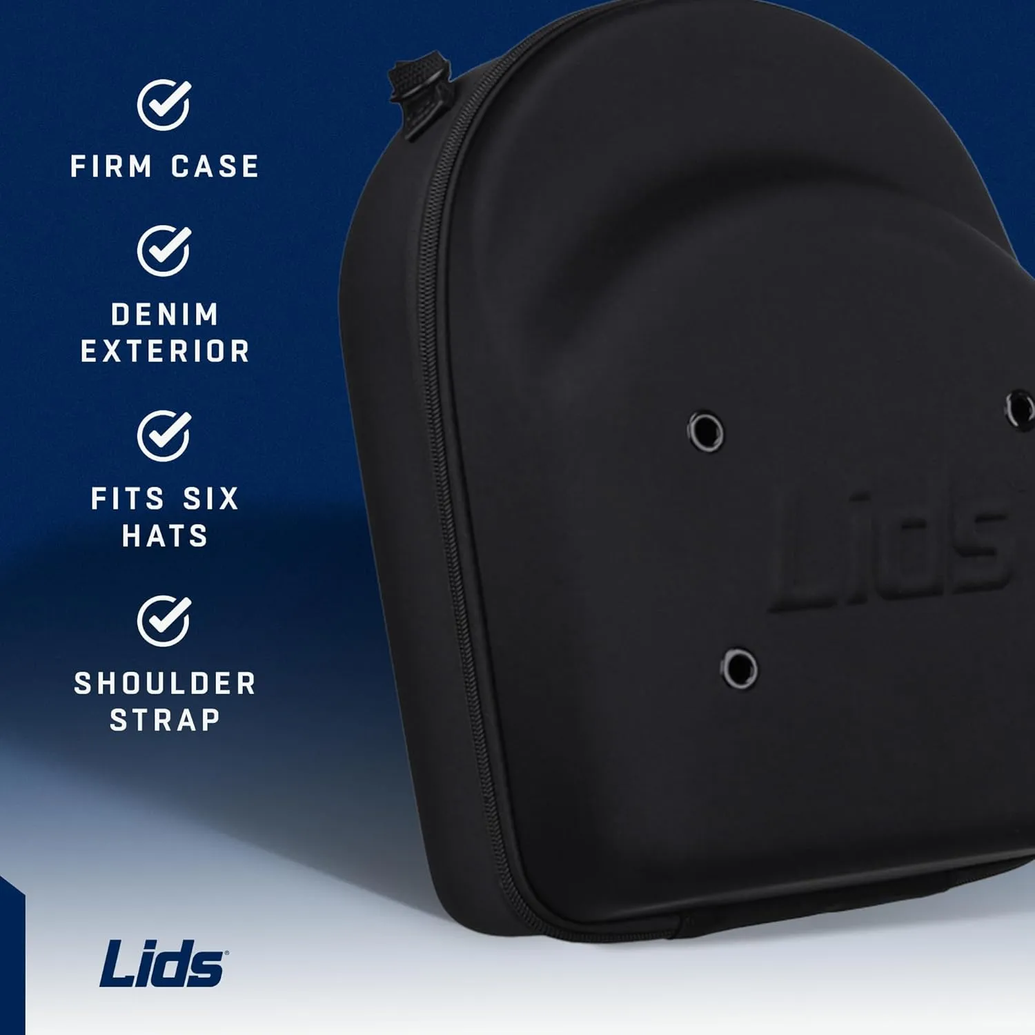 Lids Hat Travel Case – Baseball Cap Carrier for 6 Hats, Durable Black Exterior with Light Blue Interior, Storage with Handle & Adjustable Shoulder Strap, Hard Hat Organizer for Travel & Closet