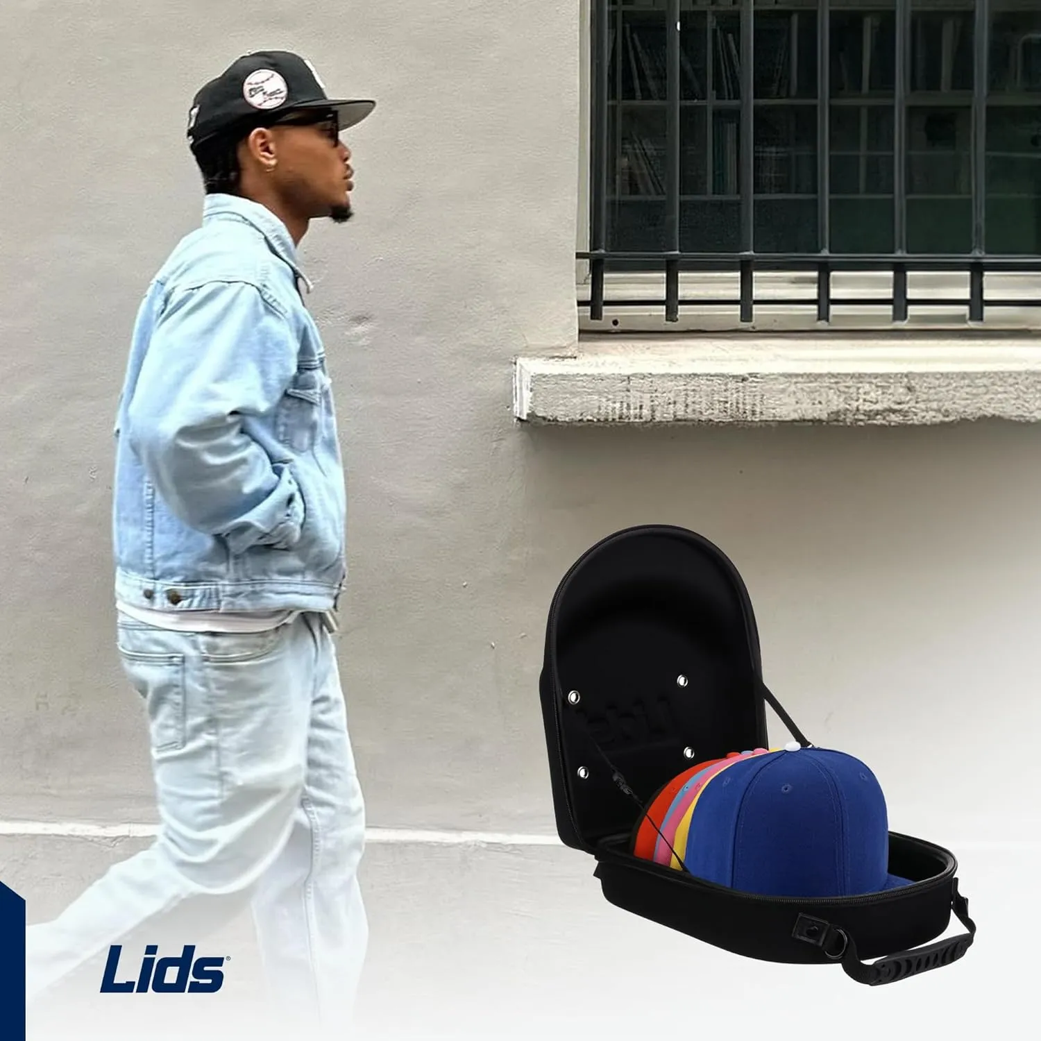 Lids Hat Travel Case – Baseball Cap Carrier for 6 Hats, Durable Black Exterior with Light Blue Interior, Storage with Handle & Adjustable Shoulder Strap, Hard Hat Organizer for Travel & Closet