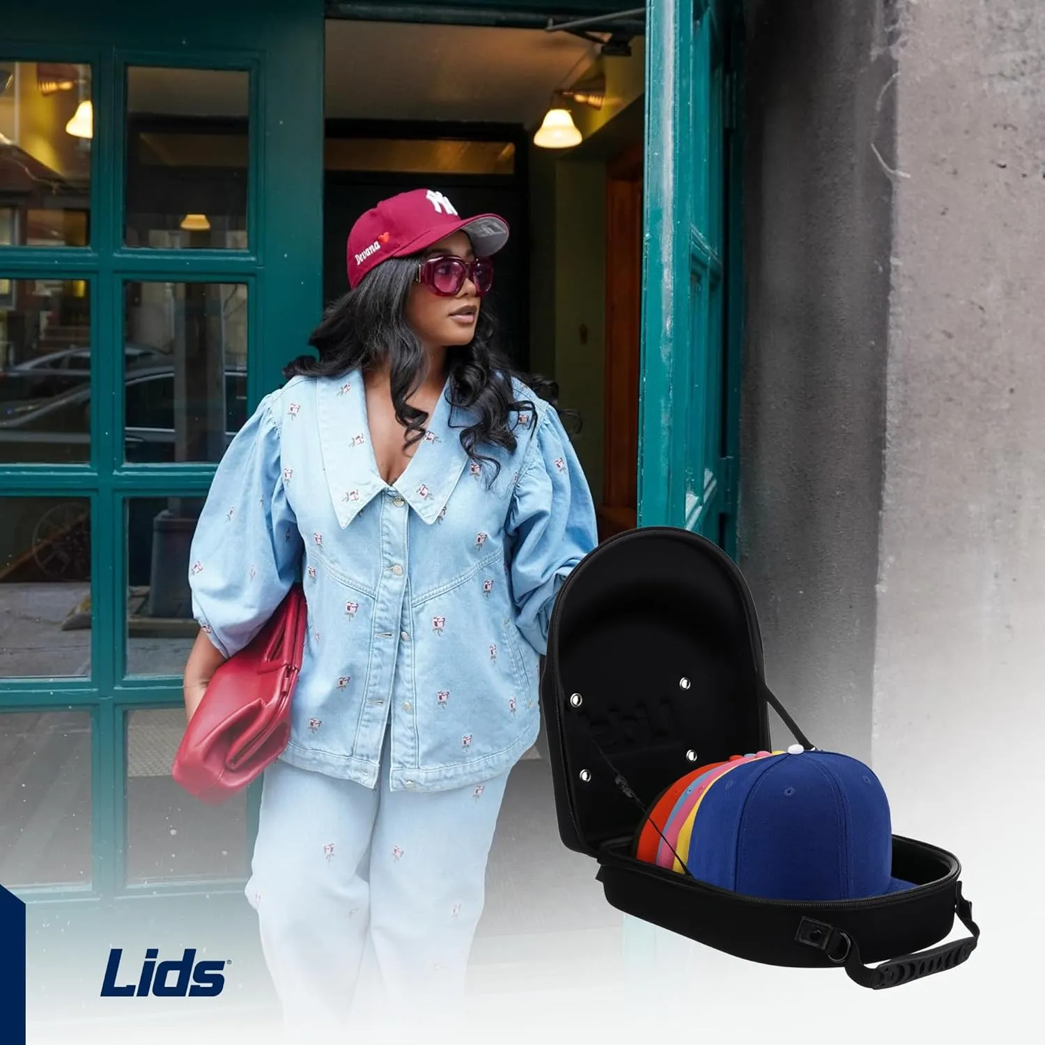 Lids Hat Travel Case – Baseball Cap Carrier for 6 Hats, Durable Black Exterior with Light Blue Interior, Storage with Handle & Adjustable Shoulder Strap, Hard Hat Organizer for Travel & Closet