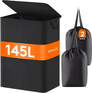 Lifewit 145L Laundry Basket with Lid, Large Double Laundry Hamper 2 Section Dirty Clothes Hamper for Bedroom with 2 Removable Laundry Bags, Black