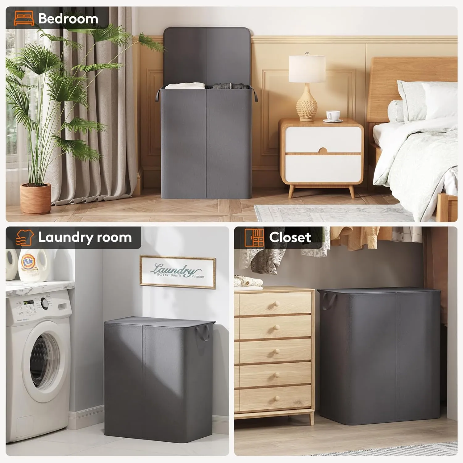 Lifewit 145L Laundry Basket with Lid, Large Double Laundry Hamper 2 Section Dirty Clothes Hamper for Bedroom with 2 Removable Laundry Bags, Grey