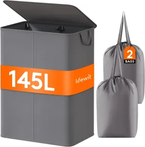 Lifewit 145L Laundry Basket with Lid, Large Double Laundry Hamper 2 Section Dirty Clothes Hamper for Bedroom with 2 Removable Laundry Bags, Grey