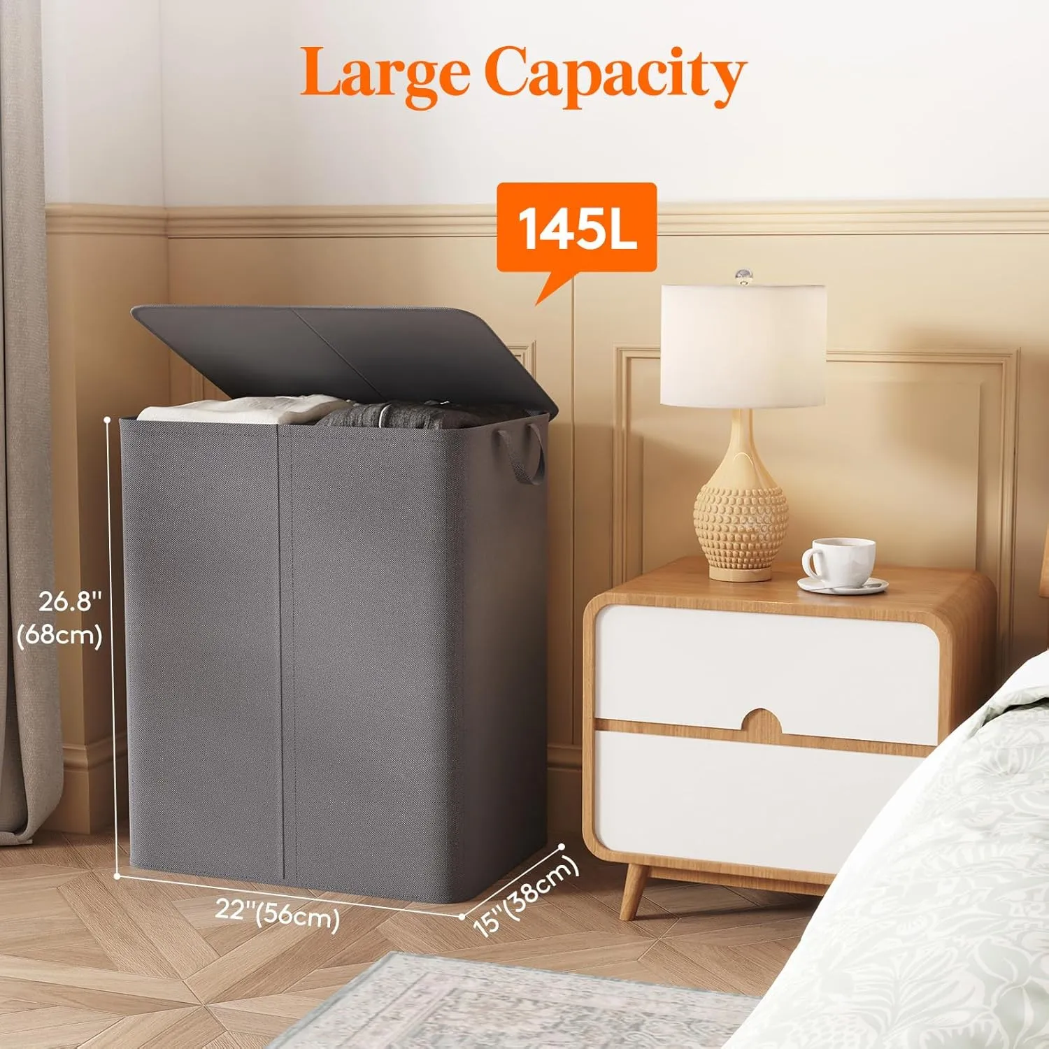 Lifewit 145L Laundry Basket with Lid, Large Double Laundry Hamper 2 Section Dirty Clothes Hamper for Bedroom with 2 Removable Laundry Bags, Grey