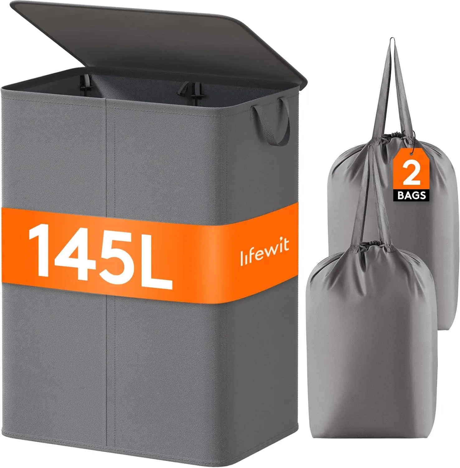 Lifewit 145L Laundry Basket with Lid, Large Double Laundry Hamper 2 Section Dirty Clothes Hamper for Bedroom with 2 Removable Laundry Bags, Grey