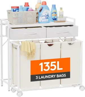 Lifewit Laundry Hamper 3 Section, Large Rolling Laundry Sorter with Shelf & 2 Drawers, Pull-Out Laundry Basket Organizer with Wheels and Removable Bag, White and Beige