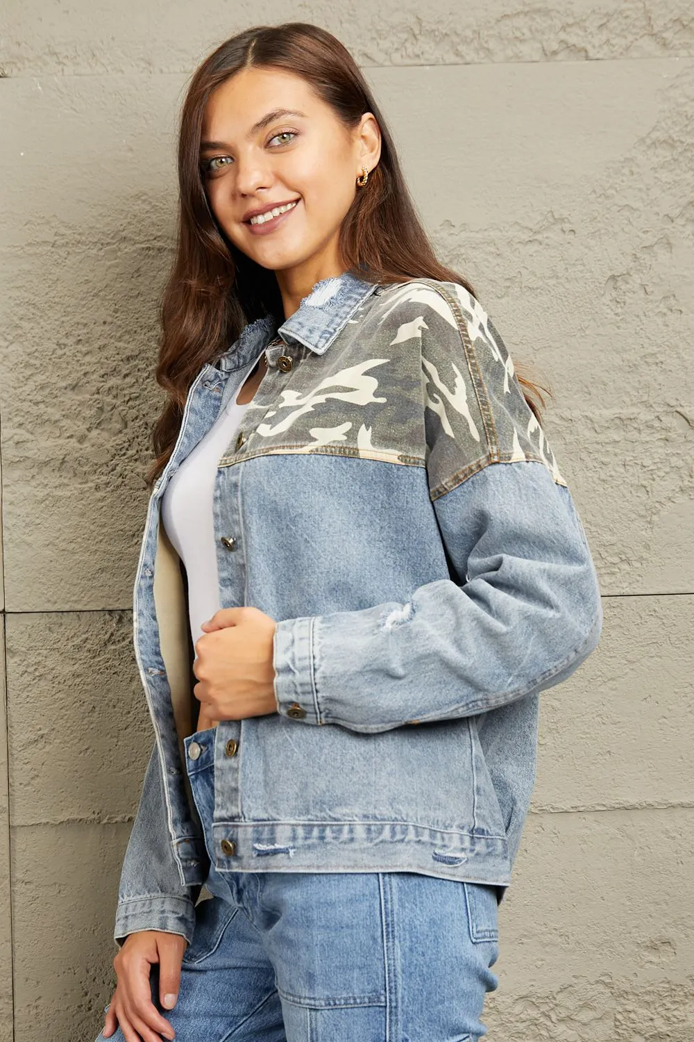 Light Washed Camo Contrast Denim Jacket