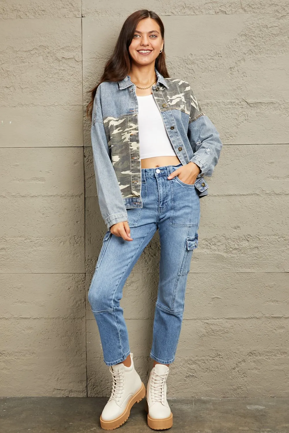 Light Washed Camo Contrast Denim Jacket
