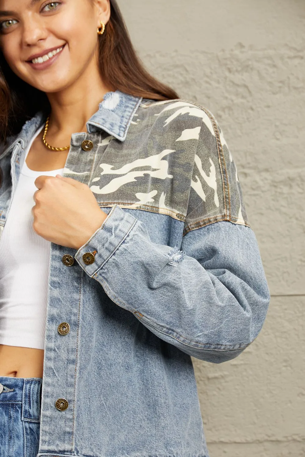 Light Washed Camo Contrast Denim Jacket